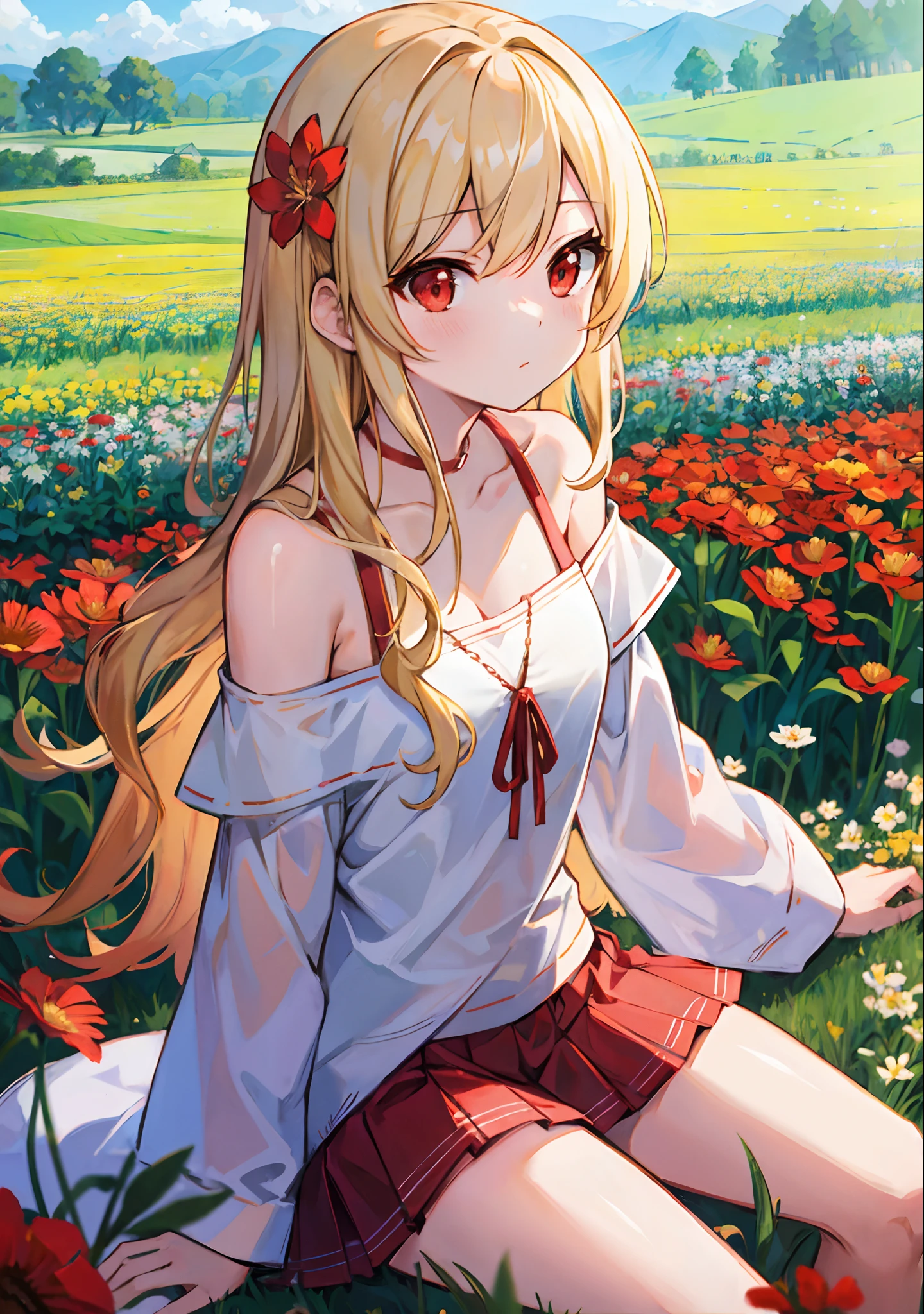 Wavy blonde、red eyes、Beautiful girl alone、off shoulders、a miniskirt、flower field、sitting on