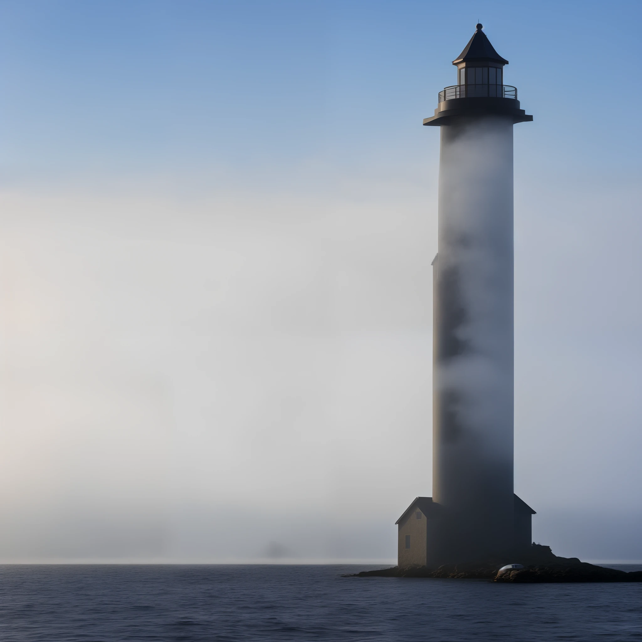 A house on a small chunk of land in the middle of the ocean with a tall black tower with a red eye in the back covered by fog