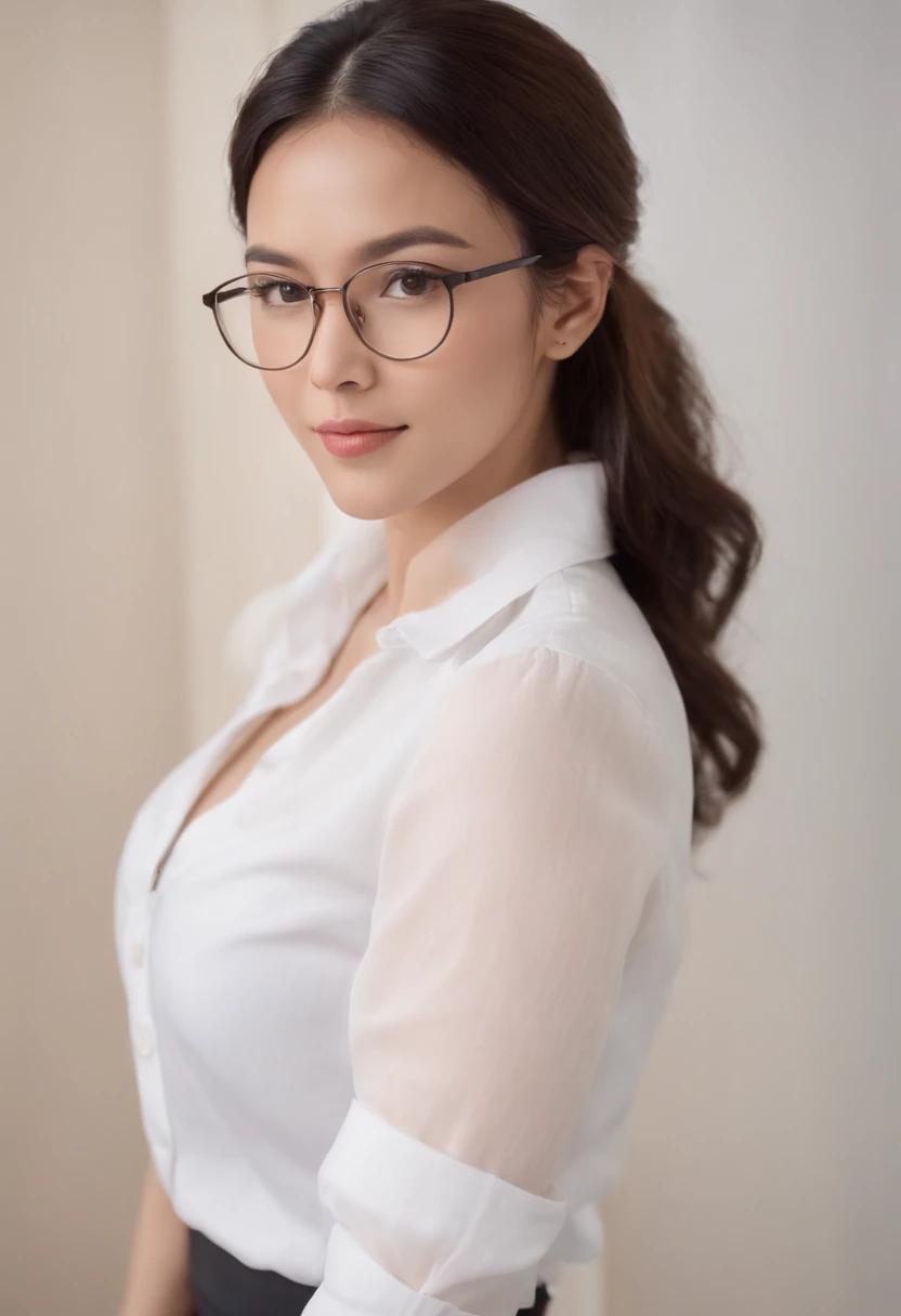 25-year-old mixed-race female professional image, Cute expressions,Wear a white shirt and hip wrap skirt,wears glasses,Professional profile photo, posing with crossed arms, professional picture, professional profile picture, photograph of a woman, Business woman, lecturer, Black hair, Slim body, 8K high-definition