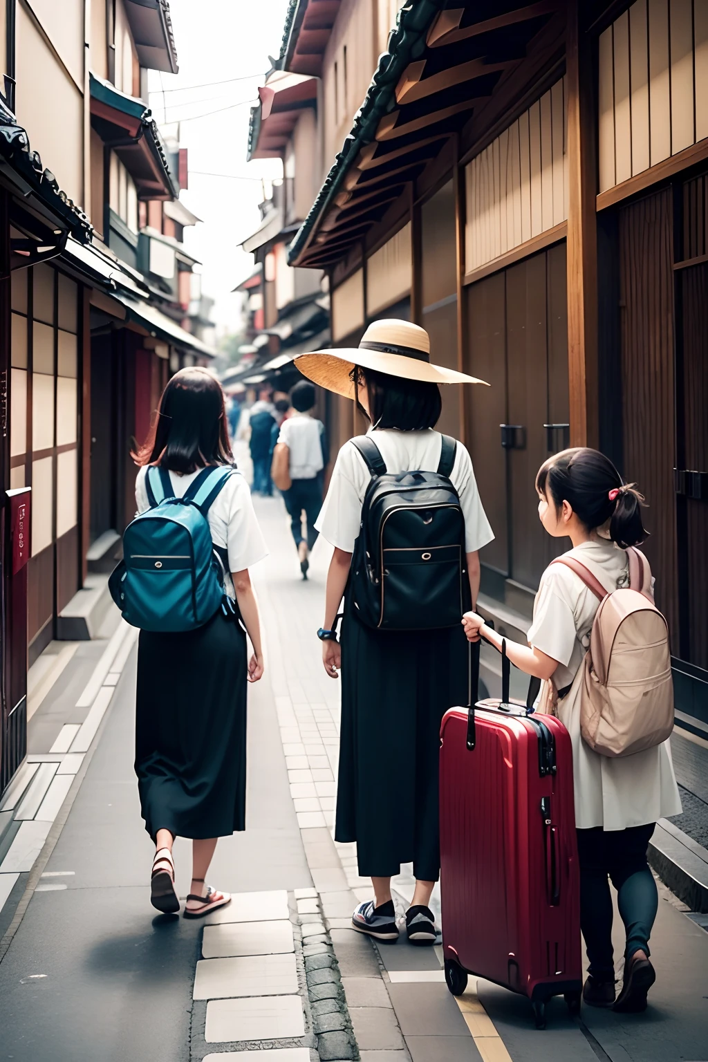 Create images of group travelers traveling around Japan with carrybacks