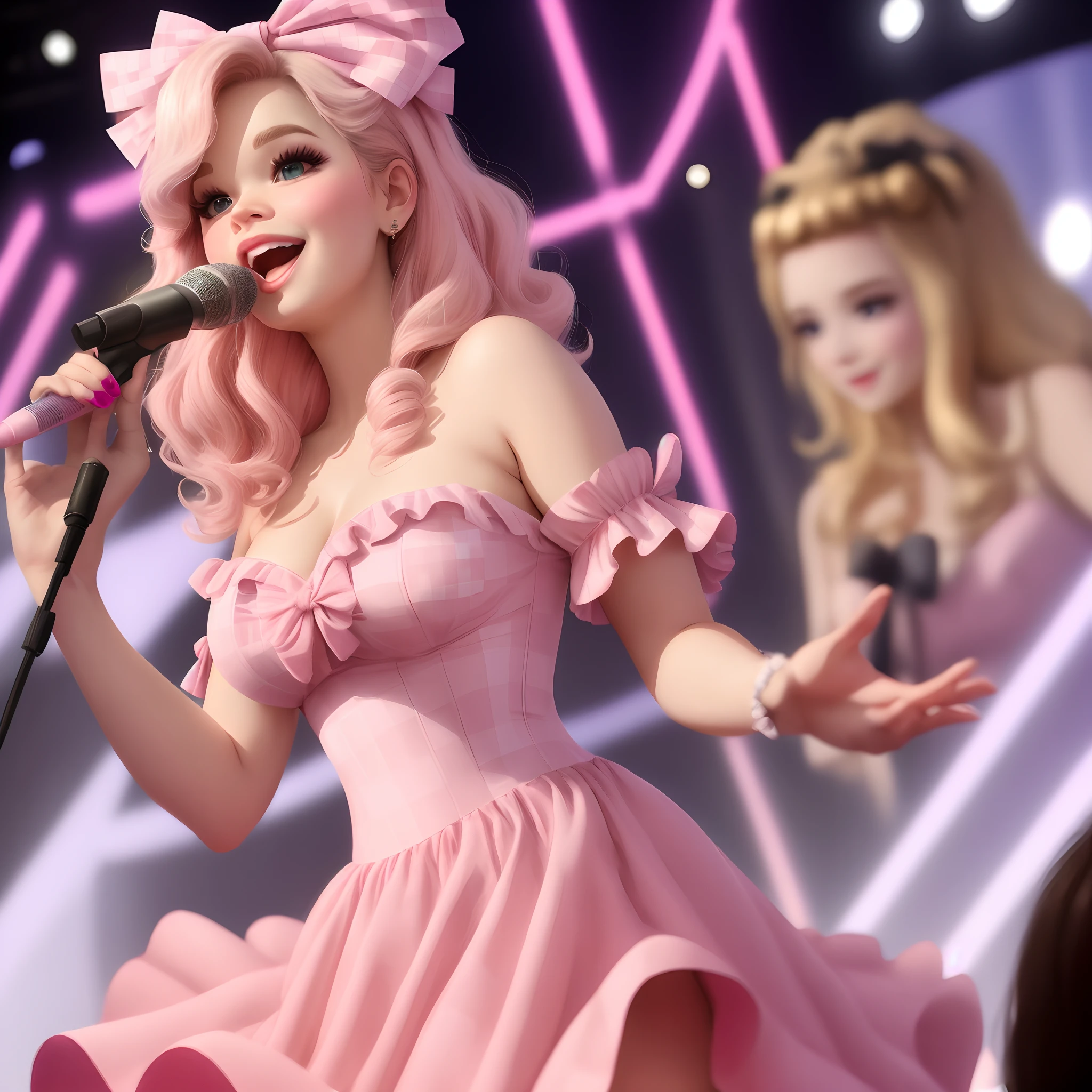 youtuber Trisha Paytas dressed in a pink dress ancient greek style with a pink bow in her hair accepting a grammy award with a pink and white checkered design behind her
