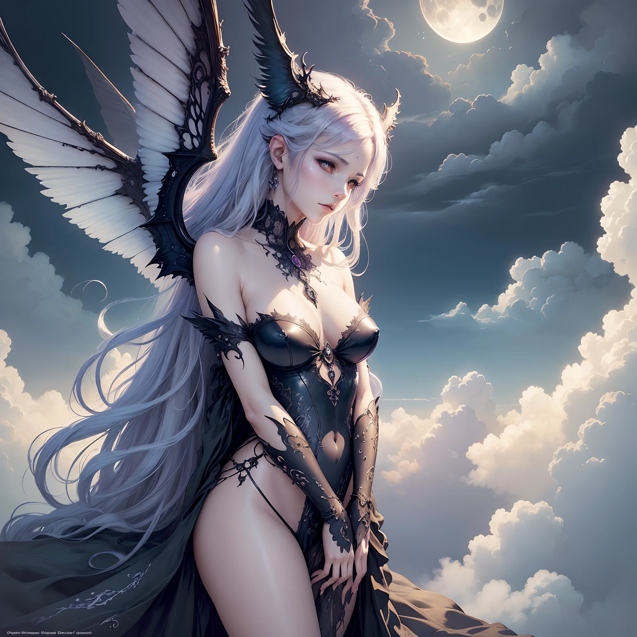 ((Need)), ((tmasterpiece)), (A detailed), Enchanting succubus, Ethereal beauty, Perched in clouds, (fantasy illustrations:1.3),captivating posture, delicate wings, otherworldly charm, Mysterious Sky, (Luis Royo:1.2), (Yoshitaka Amano:1.1), Moon Night, pastelcolor, (Detailed cloud view:1.3)