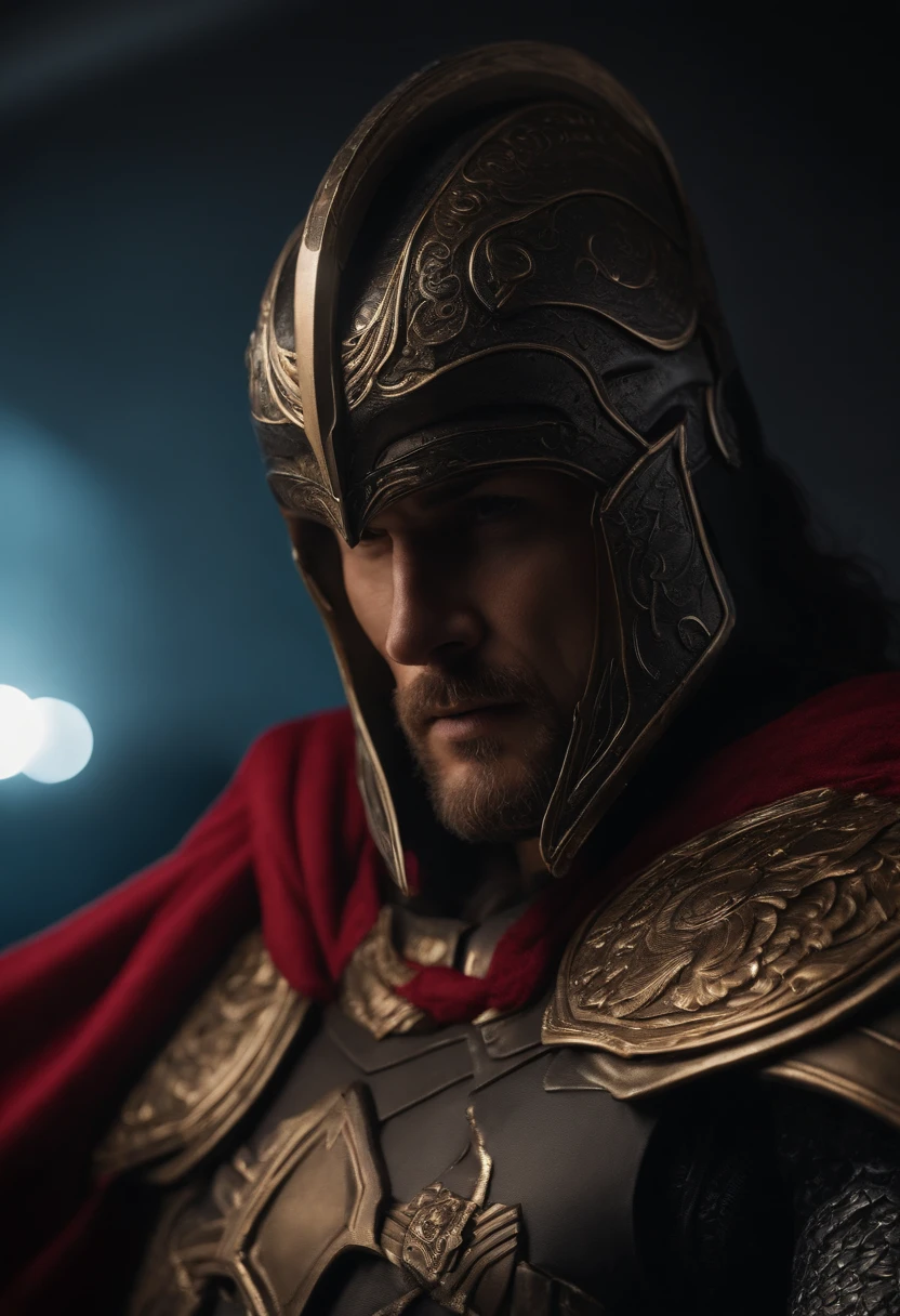 Homem com cicatrizes no rosto com uma armadura preta e capa, segurando o mjolnir, 4k, realista, sem erros.