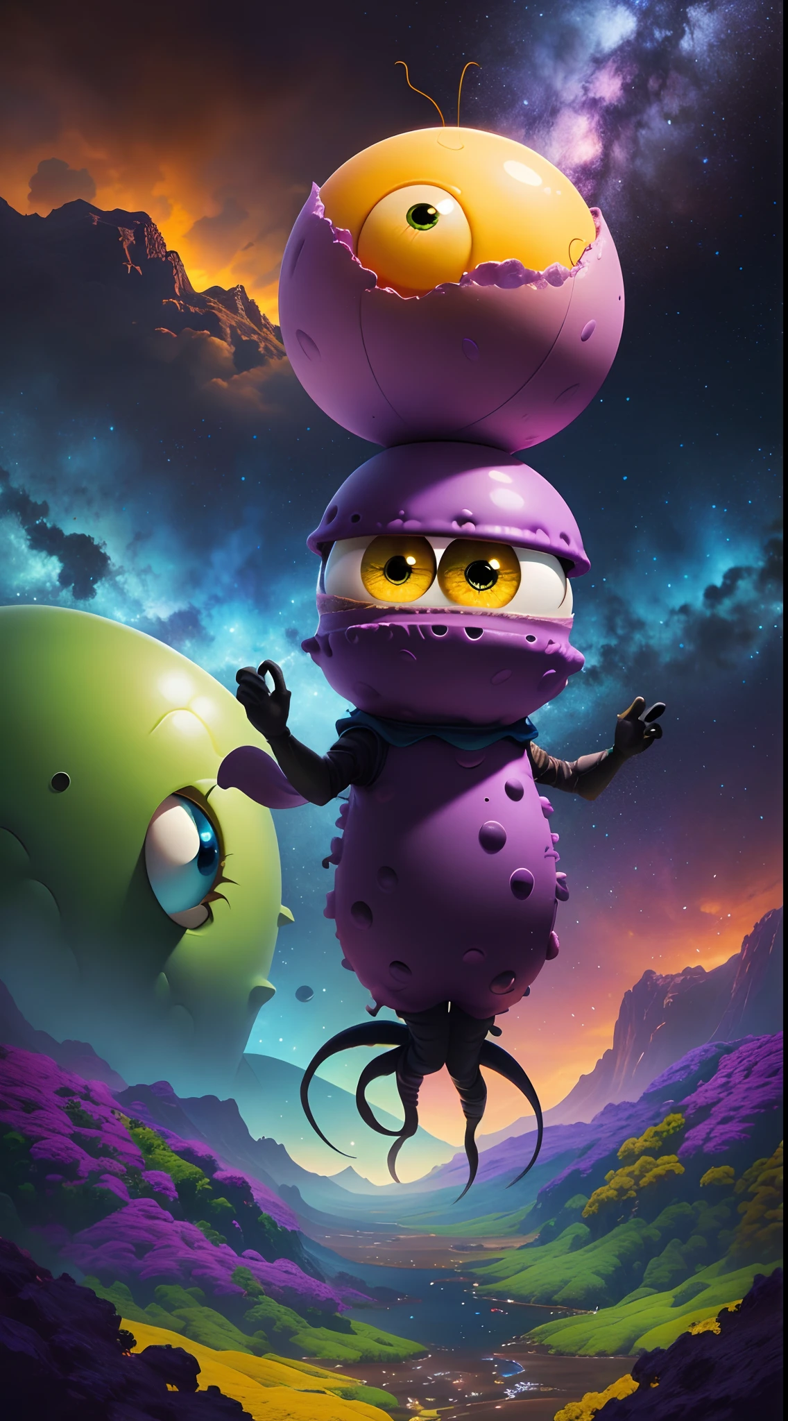 SpongeBob eats marshmallows, Pixar style, gloomy, negative, twisted, strange, big-eyed loli, colorful, dancing in the air with monster minions, extremely detailed, high resolution, best quality, color realistic, vivid), cute one-eyed alien, 8 minions dancing in the air, running around, gathering with friends, green and purple, sitting in a classic char, admiring the scenery , extraterrestrial creatures, photography, on terrain, nebula sky, ((best silhouette)), best quality