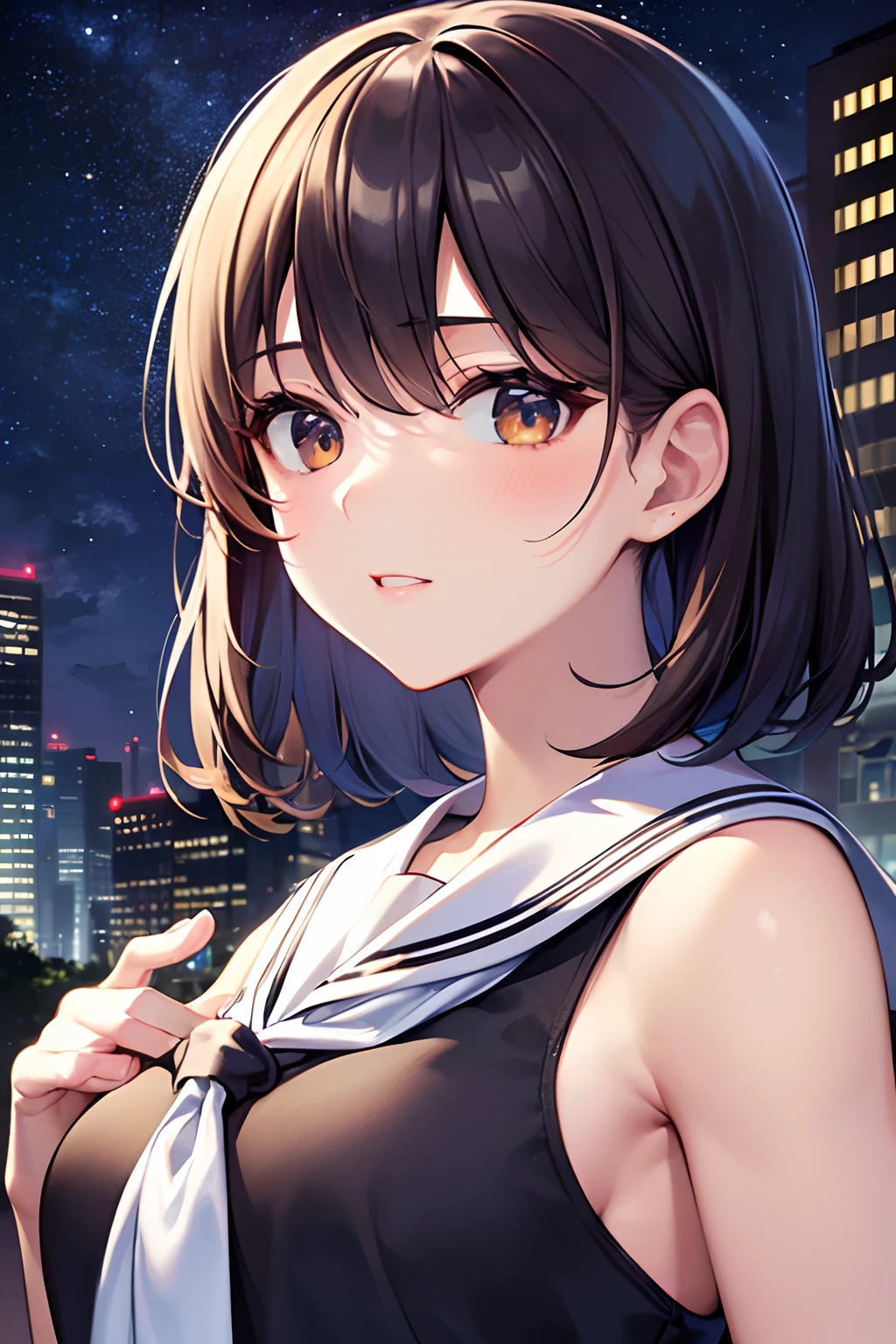 (Best Quality,4K,hight resolution,masutepiece:1.2), (Illustration,Illustrative:1.2), Close-up of the face, Moonlit, 1 girl, High school students, , Medium Bob Haircut, Slender figure, ample bosom, Natural makeup, Night, Above a high-rise building, Looking up at the starry sky, Sailor Uniform
