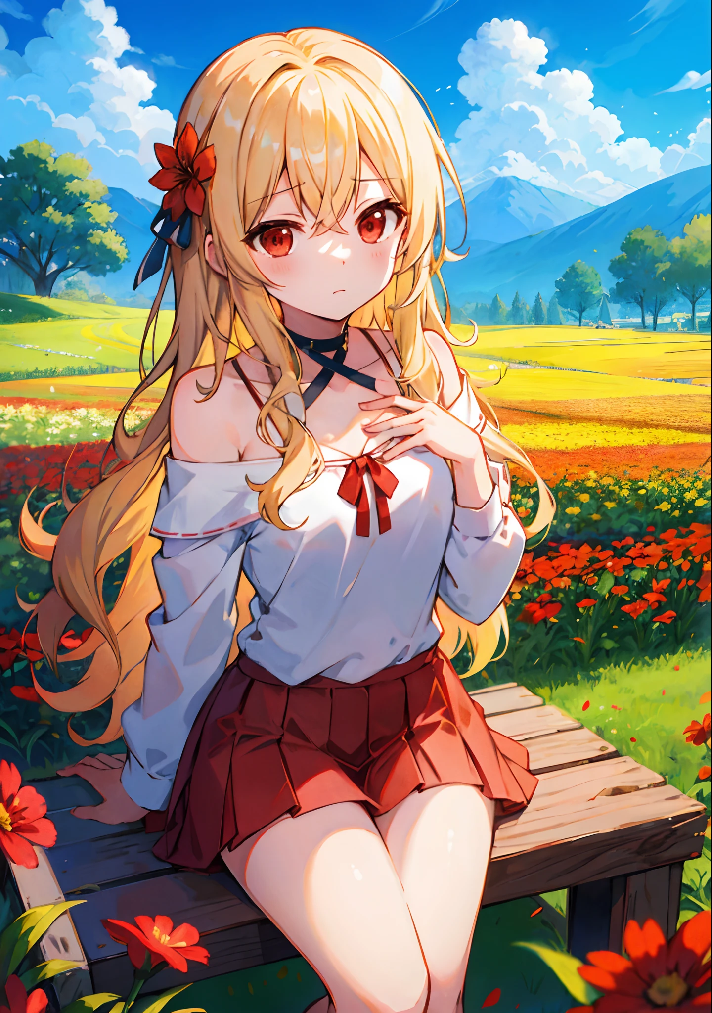 Wavy blonde、red eyes、Beautiful girl alone、off shoulders、a miniskirt、flower field、sitting on