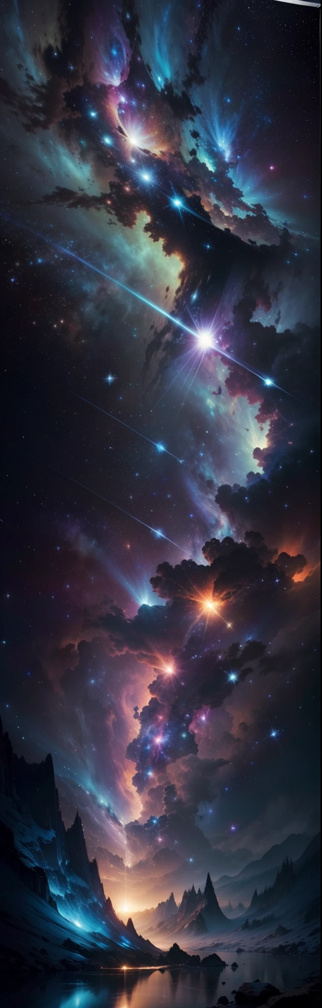 (Best quality,4K,8K,A high resolution,Masterpiece:1.2),Ultra-detailed,(Realistic,Photorealistic,photo-realistic:1.37),space,galaxias,supernova,illustration,cosmic,Starcloud,starrysky,Interstellar,astronault,Deep space,Stellar explosion,Colorful,Um ser celestial,expansive view,Starry sky,Vibrant colors,Dramatic lighting,cosmic rays,Enigmatic Atmosphere