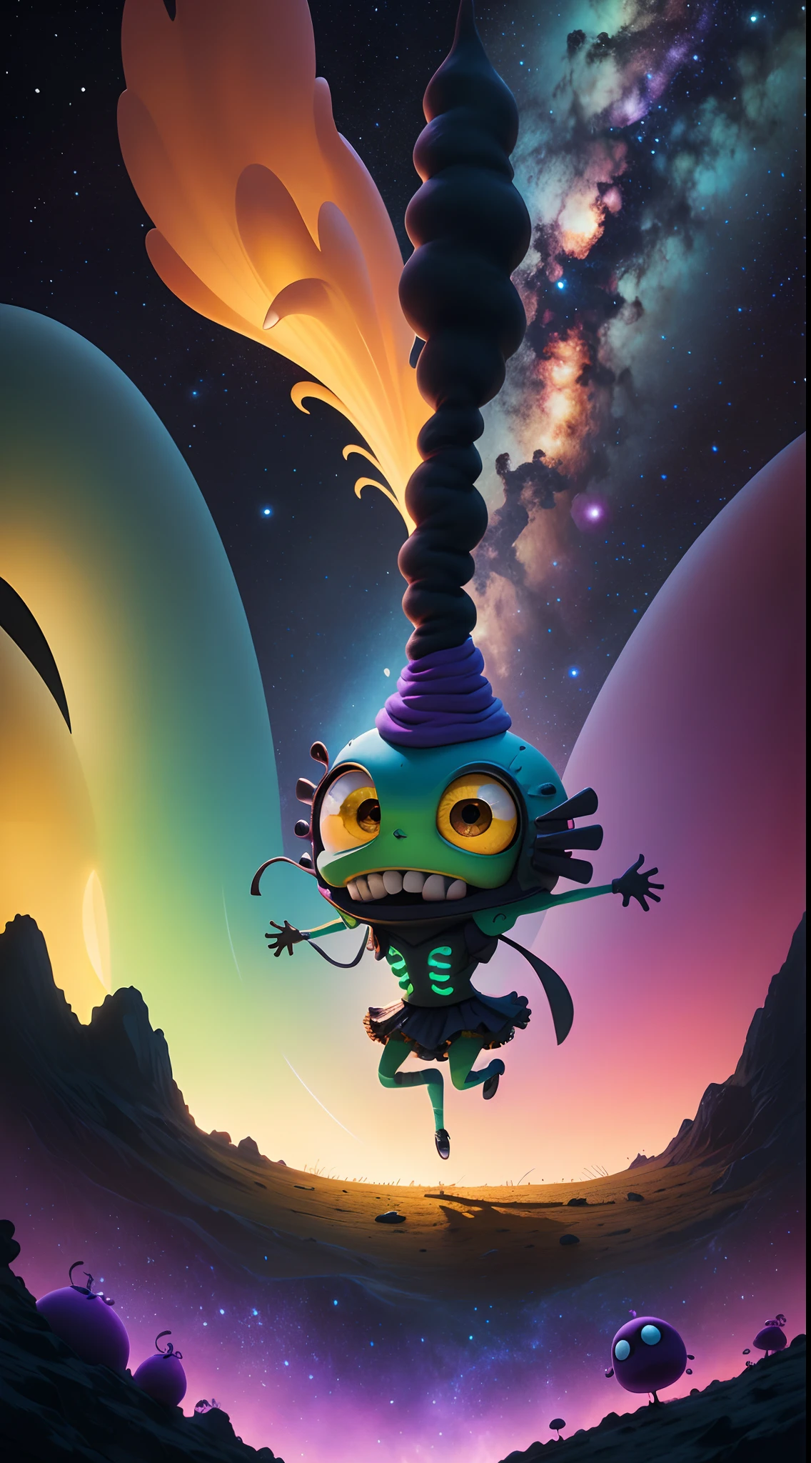 SpongeBob eats marshmallows, Pixar style, gloomy, negative, twisted, strange, big-eyed , colorful, dancing in the air with monster minions, extremely detailed, high resolution, best quality, color realistic, vivid), cute one-eyed alien, 8 minions dancing in the air, running around, gathering with friends, green and purple, sitting in a classic char, admiring the scenery , extraterrestrial creatures, photography, on terrain, nebula sky, ((best silhouette)), best quality