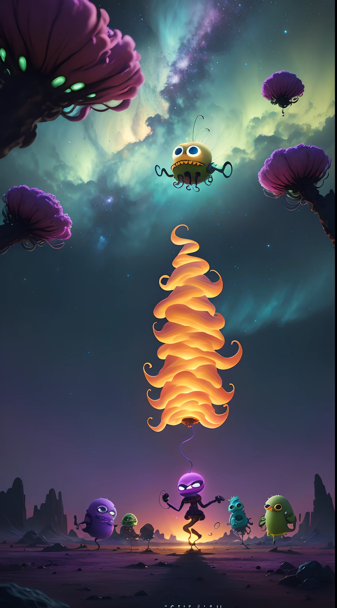 SpongeBob eats marshmallows, Pixar style, gloomy, negative, twisted, strange, big-eyed , colorful, dancing in the air with monster minions, extremely detailed, high resolution, best quality, color realistic, vivid), cute one-eyed alien, 8 minions dancing in the air, running around, gathering with friends, green and purple, sitting in a classic char, admiring the scenery , extraterrestrial creatures, photography, on terrain, nebula sky, ((best silhouette)), best quality