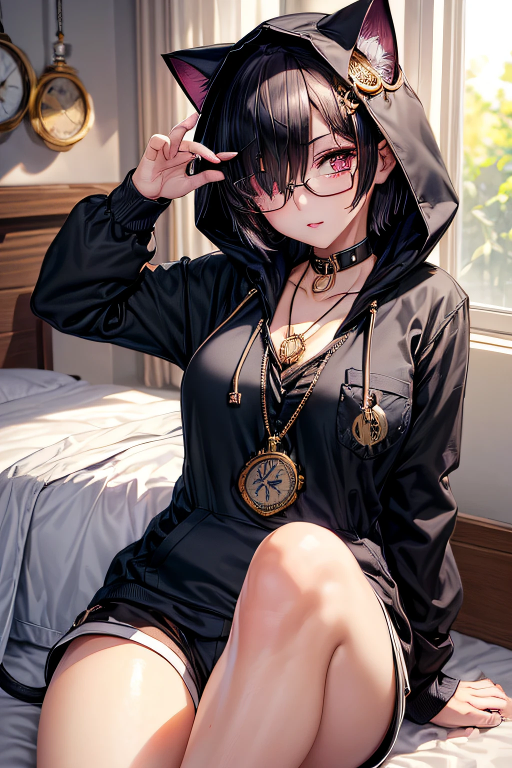 masutepiece,Best Quality,ultra-detailliert,masterpiece, (1girl in:1.2), ((Black hair berry berry short)), (((Hair over one eye))), (((Cool glasses)))plump shiny lips, Beautiful clear eyes, (Clear face), Spoken Heart, (Dynamic Pose:1.2), ((Spacious, Black, Hoodie with cat mimi,Wearing a hood with a cat) :1.3)), (shortpants:1.2), ((Ultra-detailed pocket watch,hanging from the neck):1.2), (Soft morning sun), (a bed), (Bedroom background),