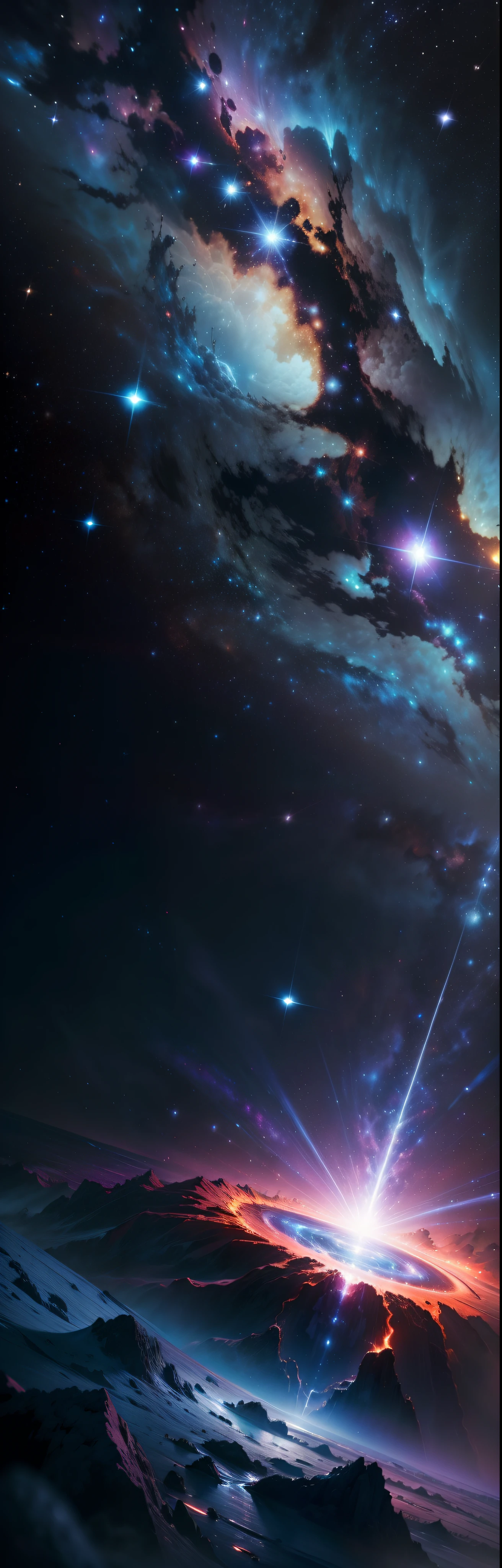(Best quality,4K,8K,A high resolution,Masterpiece:1.2),Ultra-detailed,(Realistic,Photorealistic,photo-realistic:1.37),space,galaxias,supernova,illustration,cosmic,Starcloud,starrysky,Interstellar,astronault,Deep space,Stellar explosion,Colorful,Um ser celestial,expansive view,Starry sky,Vibrant colors,Dramatic lighting,cosmic rays,Enigmatic Atmosphere