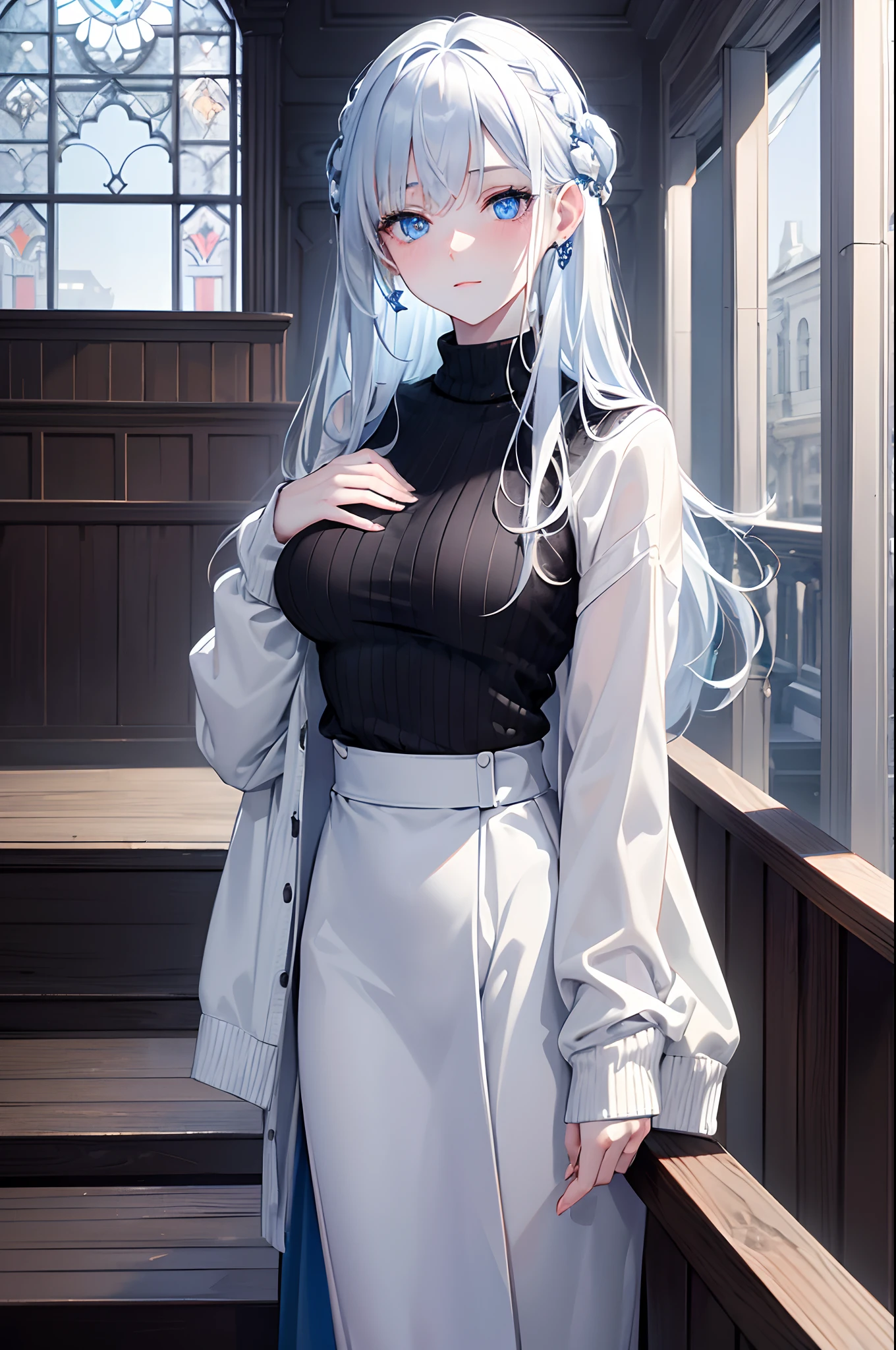 masterpiece, highlydetailed, ultra-detailed, cold, solo, (1girl), (pale skin), icyblue eyes, frosty white hair, young woman, medium breasts, goddess, cool kuudere girl, (long Black sweater), (modern casual clothes), sleepy, lazy, (smile:0.7), (polite clothes), (close clothes), CEO, rich, hair decoration, tall, (indoor), Unexcited