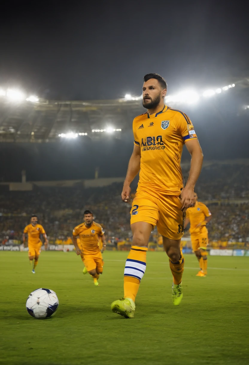 Obra maestra, jugador gignac, Mexican national team of San Nicolás Nuevo León, Sportswear of the Tigres soccer team of the Mexican National Team, football stadium UANL nuevo león san Nicolás, alumbrado, fuegos artificiales, noche, highest qualityr