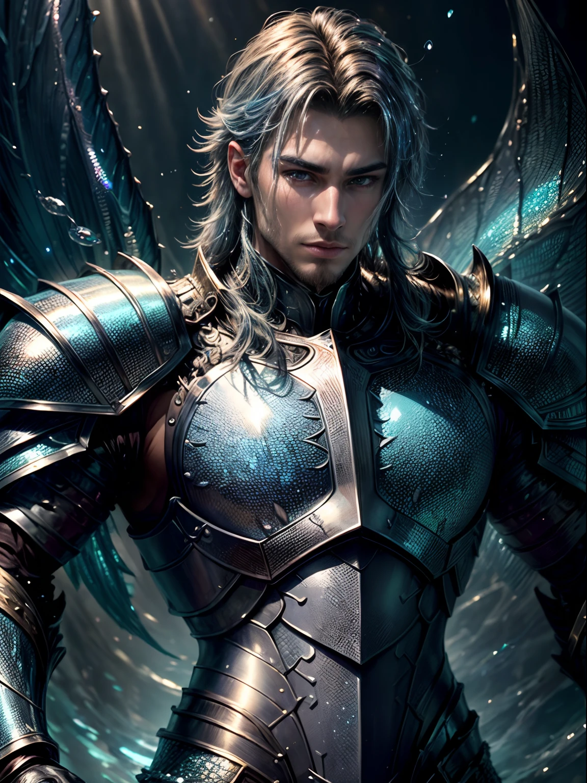 masterpiece, best quality, high resolution, closeup portrait, a male, an aquatic warrior, (with armor of shimmering iridescent scales:1.3), bright light, amazing composition, front view, HDR, volumetric lighting, ultra quality, elegant, highly detailed