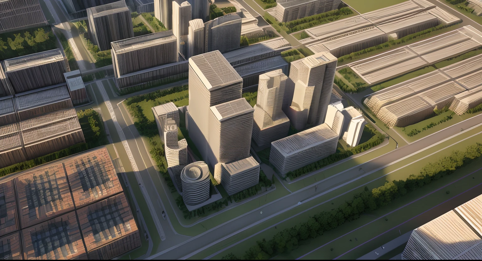 a rendering of a city with a lot of tall buildings, center model buildings, architectural concept, conceptual rendering, complex buildings, architectural concept diagram, complex 3d render, complex 3 d render, medical research facility, conceptual, 3d architecture, detailed rendering, mixed development, isometric perspective view, rendered illustration, highly detailed illustration, isometric aerial view, digital model