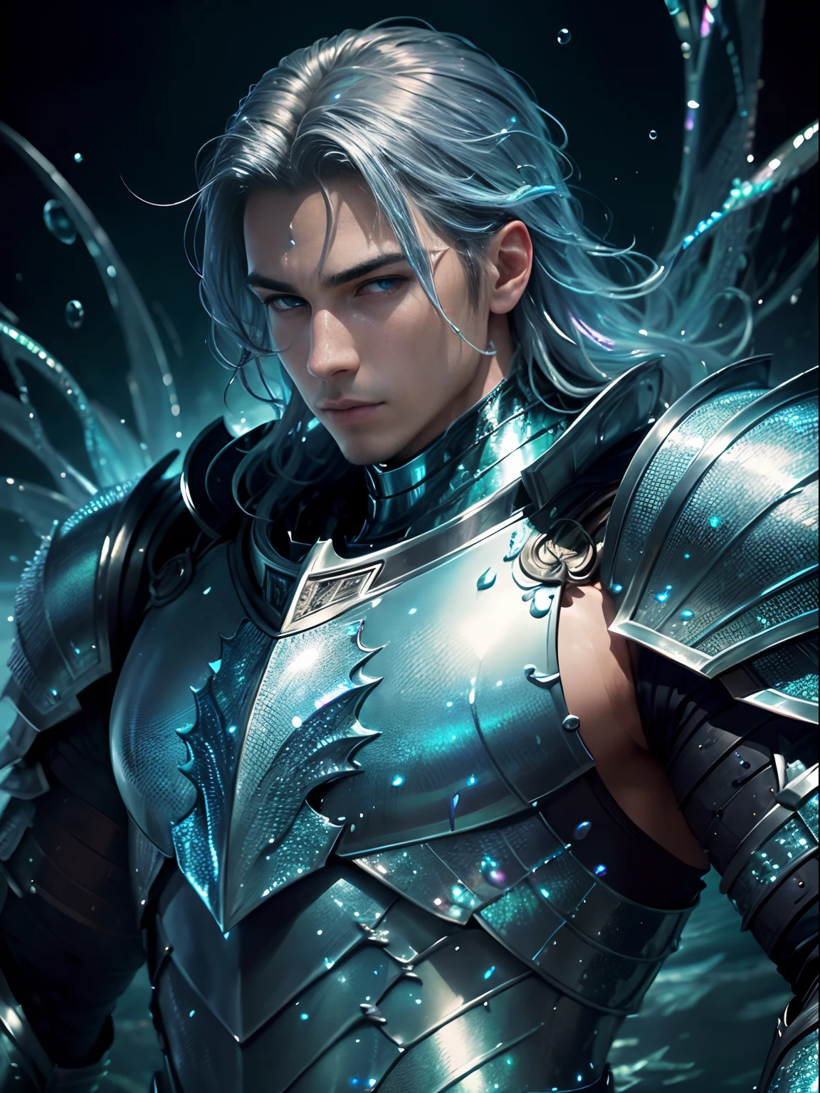 masterpiece, best quality, high resolution, closeup portrait, a male, an aquatic warrior, (with armor of shimmering iridescent scales:1.3), bright light, amazing composition, front view, HDR, volumetric lighting, ultra quality, elegant, highly detailed