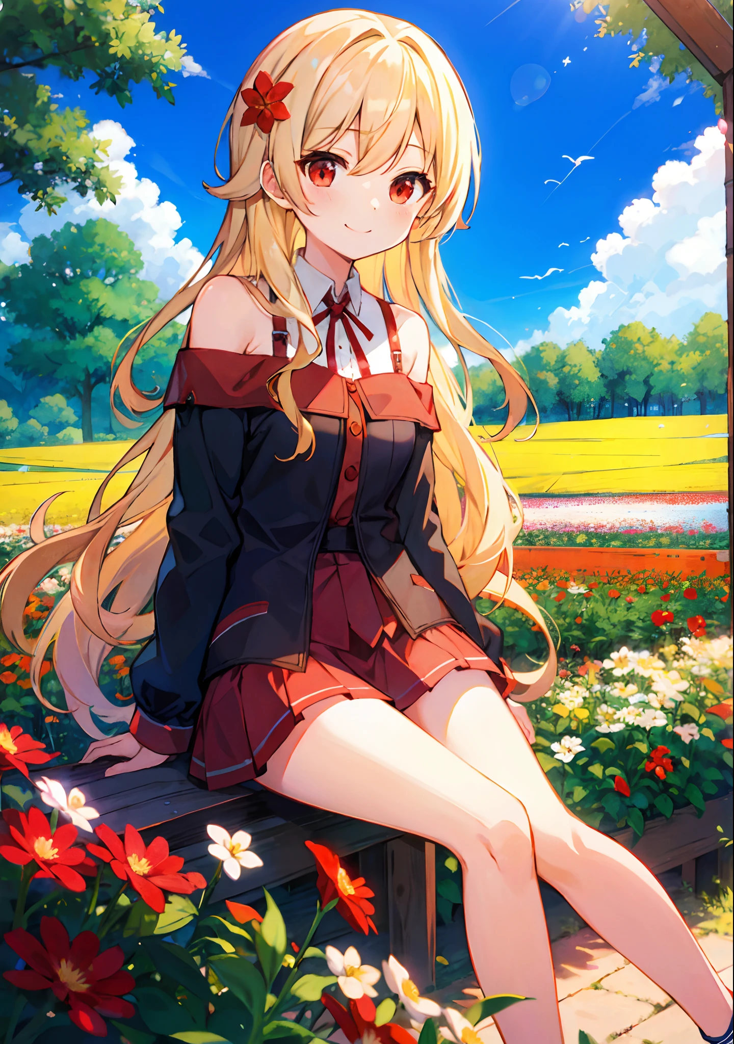 Wavy blonde、red eyes、Beautiful girl alone、off shoulders、a miniskirt、flower field、sitting on、a smile