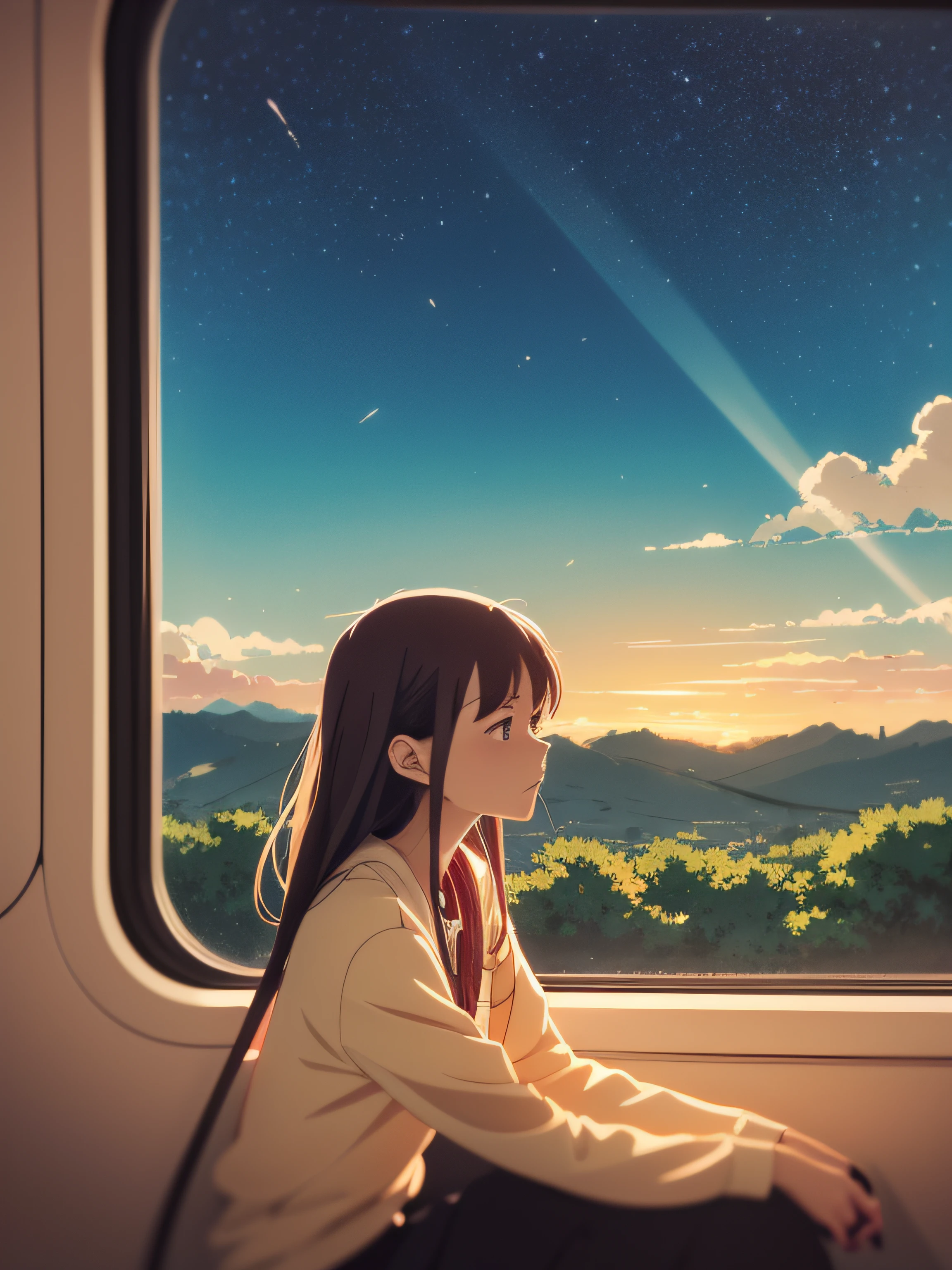 Anime girl sitting on train looking out window, Beautiful Anime Portrait, lofi portrait at a window, Beautiful anime girl, lofi portrait, lofi-girl, Portrait Anime Girl, artwork in the style of guweiz, high quality portrait, with sunset, charming anime girls, Cute anime girl, realistic cute girl painting, Anime style. 8K