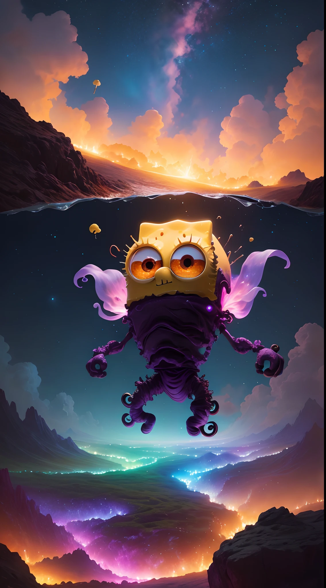 SpongeBob eats marshmallows, Pixar style, gloomy, negative, twisted, strange, big-eyed loli, colorful, dancing in the air with monster minions, extremely detailed, high resolution, best quality, color realistic, vivid), 8 minions dancing in the air, running around, gathering with friends, sitting in a classic char, admiring the scenery , extraterrestrial creatures, photography, on terrain, nebula sky, ((best silhouette)), best quality