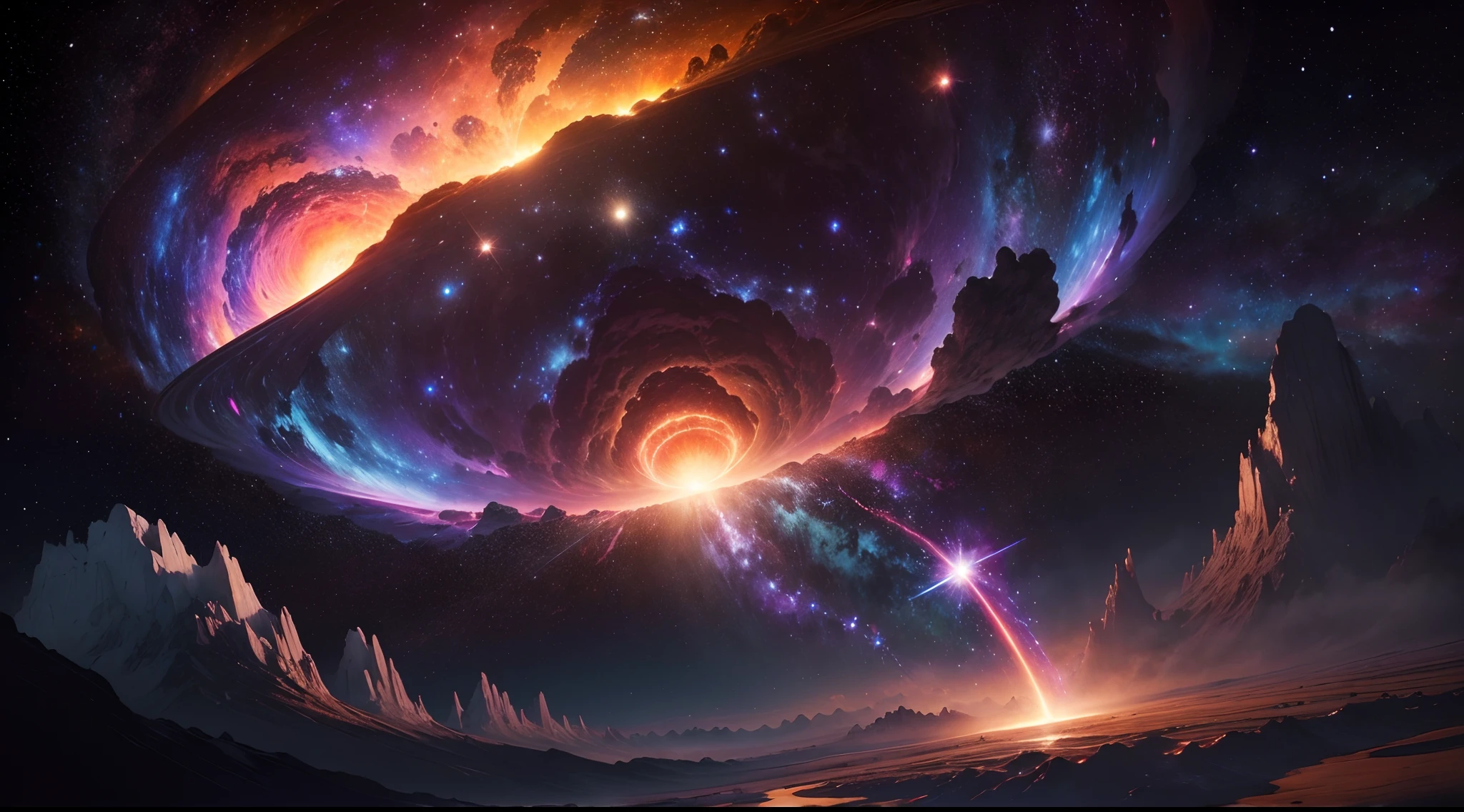 (Best quality,4K,8k,high resolucion,Masterpiece:1.2),Ultra-detailed,(Realstic,photoreallistic,photo-realistic:1.37),espace,soleil,galaxie,supernova,Explosion cosmique,Vibrant colors,Celestial bodies,explosion stellaire,nebulas,clusters of stars,Solar flares,cosmic dust,rayonnement cosmique,Nuages interstellaires,Voyage intergalactique,blazing light,milky way,bras spiraux,solar system,Planetary movement,Huge explosion,shimmering stars,Fiery energy,Celestial phenomenon,Vents solaires,Star formation,Stellar evolution,Restes de supernova,Noyau galactique,Voyage interstellaire,Collision cosmique,galaxies lointaines,Naissance stellaire,Chaos cosmique,Show from another world,Astral luminosity,Gas and dust clouds,Celestial fireworks,Eternal Space,Vue immersive, vue depuis l'espace