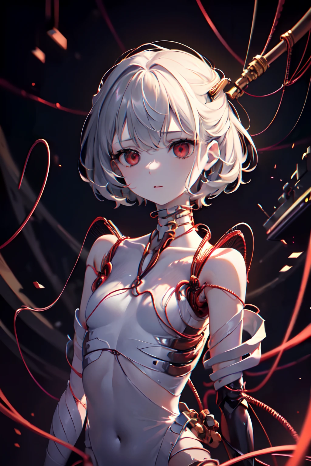 extremely delicate and beautiful girls, Show from the hips to the shoulders, from_above, flat chest, (very short hair), big forhead, grey hair, no facial features, (emotionless eyes:1.3), parted_lips, red eyes, white skin, black_gloves, (Full body bandaged), (mechanical prosthetic arm and leg), skindentation, black Clothes, (Blood vessels connected to tubes), (Mechanical vertebrae attached to the back), (Mechanical cervical vertebrae attached to the neck), (sitting), Expressionless, (wires and cables attached to the head and body:1.5), professional lighting, best quality, masterpiece, ultra detailed, captures a super cute moment, depth of field, ultra high resolution, fine details, 16k wallpaper,