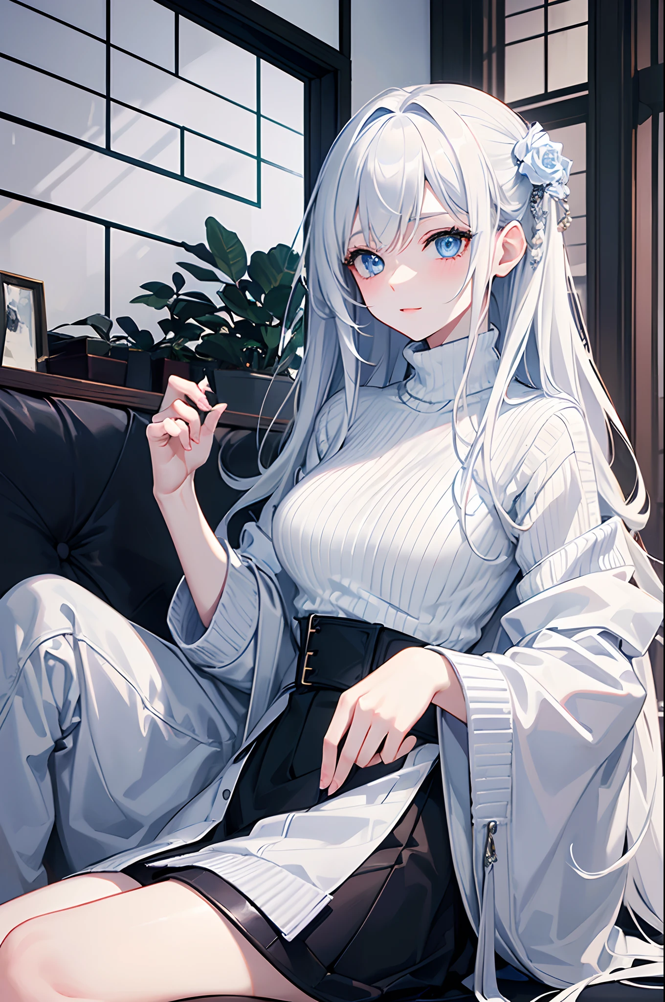 masterpiece, highlydetailed, ultra-detailed, cold, solo, (1girl), (pale skin), icyblue eyes, frosty white hair, young woman, medium breasts, goddess, cool kuudere girl, (long Black sweater), (modern casual clothes), sleepy, lazy, (smile:0.7), (polite clothes), (close clothes), CEO, rich, hair decoration, tall, (indoor), Unexcited