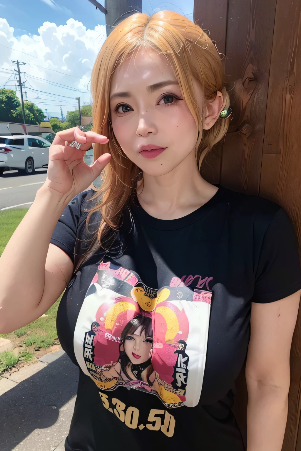 (1girl)、huge tit、breastsout、sun burn、Expose muscles、Sweat muscles、Wavy blonde hair、punk tshirt、Punk Girl、japanes、A MILF、50 years old