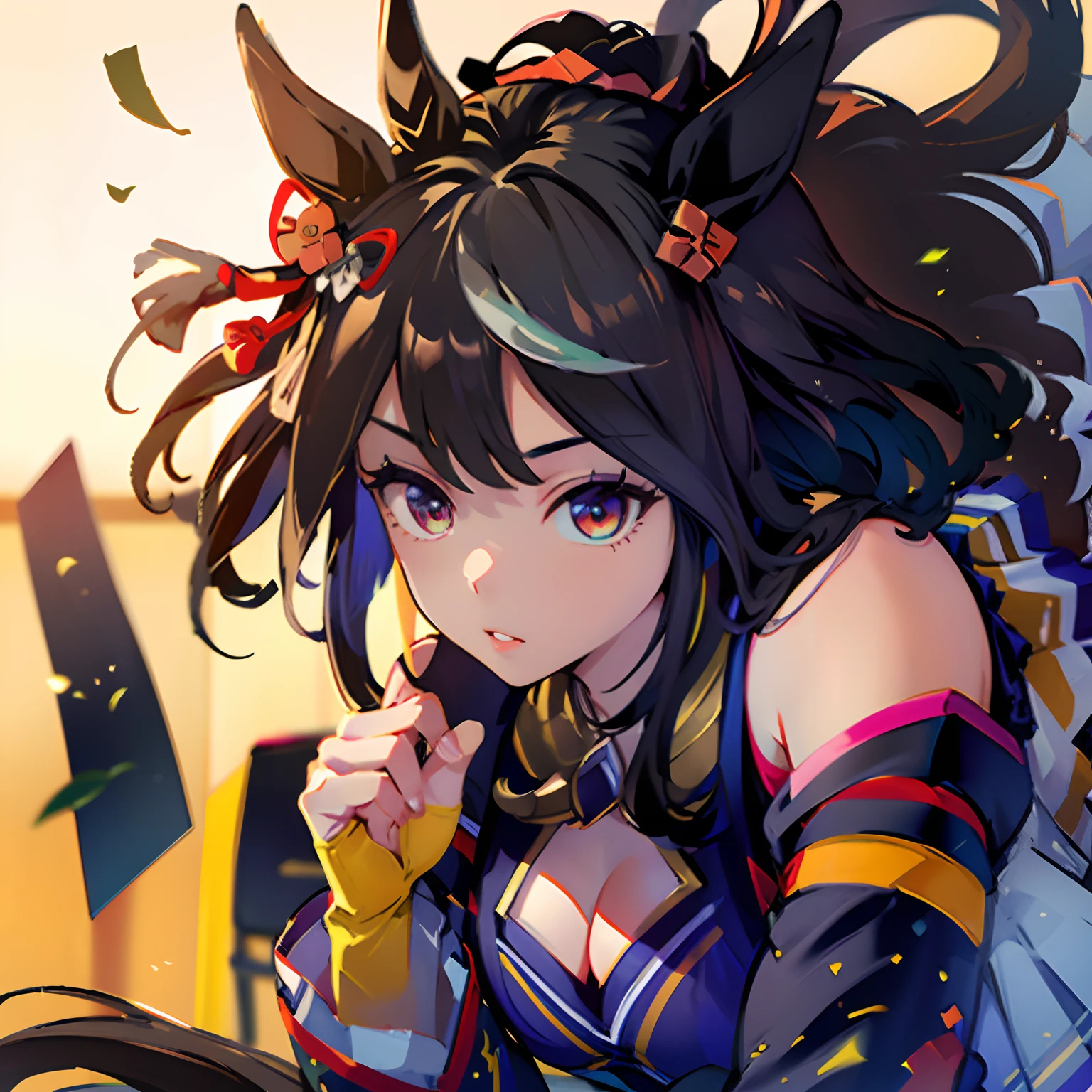 「masterpiece,top-quality,a closeup,Face Shots,kitasan black_(Umamusume), 1girl in,Animal ears ,Horse ears ,Horse Girl ,Horse tail,masutepiece, Best Quality,Hair Ribbon, Hair Ornament, Fingerless gloves, yellow gloves, Komono, Long sleeves, Wide sleeves, Detached sleeves, Bare shoulders, Clothes Cutout, cleavage cutout, Kohaku ship, Brown skirt, Pleated skirt, zettai ryouiki, black thighhighs, Sandals, red footwear, 」