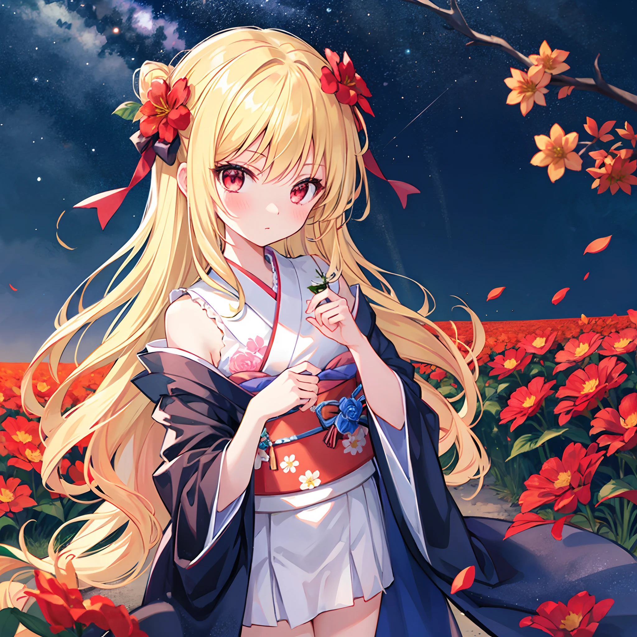 Wavy blonde、bow ribbon、red eyes、Beautiful girl alone、red blush、Kimono、flower field、