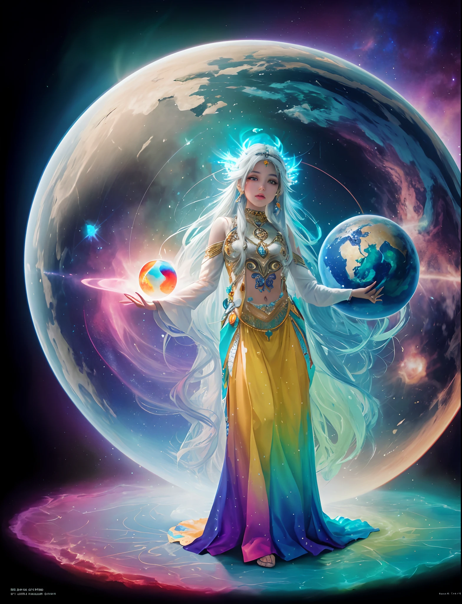 (Full body standing), Small full-body shots, Full body,Dreamy journey of abstract native-style ayahuasca、beautiful goddess、Pretty Caucasian Woman, young adult,Very beautiful face, Blessed, cosmic entity, Glowing white eyes, rainbow hair, spaces, Grab the planet with both hands, Look down as a small ball, Universal、Realistic Beautiful Woman, 85mm lens, F8 key, Photo, Super Detail, Natural light, Windy, High image quality,Beautiful face, Engulfed in silver flames, 8K,