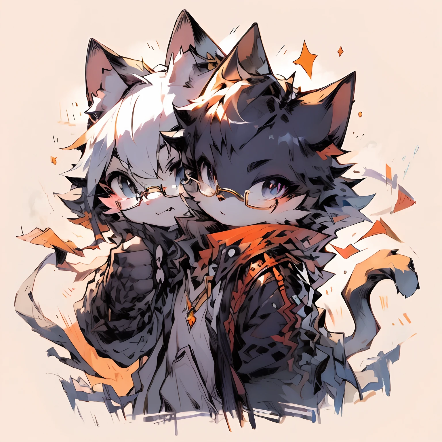 A cat with round-rimmed glasses is making trouble with a cat with gold wire glasses,Sunshine orange cat cat,High cold black and white cat cat,Black and white wind
