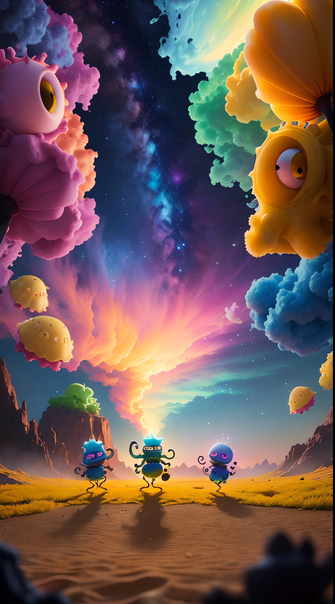 SpongeBob eats marshmallows, Pixar style, gloomy, negative, twisted, strange, big-eyed loli, colorful, dancing in the air with monster minions, extremely detailed, high resolution, best quality, color realistic, vivid), 8 minions dancing in the air, running around, gathering with friends, sitting in a classic char, admiring the scenery , extraterrestrial creatures, photography, on terrain, nebula sky, ((best silhouette)), best quality