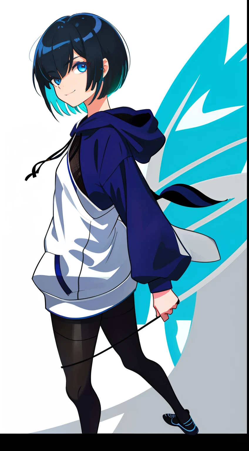 Colorful, High quality, sharp, autofocus, Looking at Viewer, 1girl in, Cool, Handsome, Blue eyes, Evil smile, Blue and black mesh hair, short-cut, a pixie cut, hair over eyes, hair between eye, Wearing a white hoodie, full body Esbian, ((with a pure white background)), Cinematic, Best Shadow, Extremely detailed、neuter, (small tits), masterpiece, Man's, Flat breasts, (front-facing view)