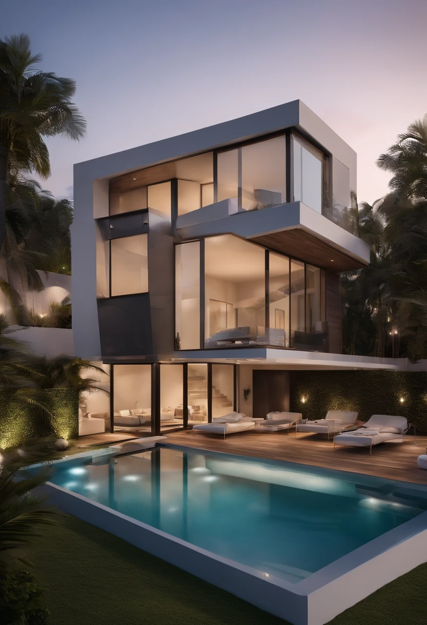 Uma casa com um senso de tecnologia futurista,three-story building,De frente para as montanhas,De frente para o lago,Piscina enorme,modern architectural style, Fotografia ultra detalhada,bulidagem,Complicado,Sombreamento, HighDynamicRange,dynamic lighting, fotorealista, luz suave natural, H baixo, tmasterpiece, detalhado 8k,There are so many details,Large floor-to-ceiling glass,Fusion of technology and natural environment,Tem um look super legal,