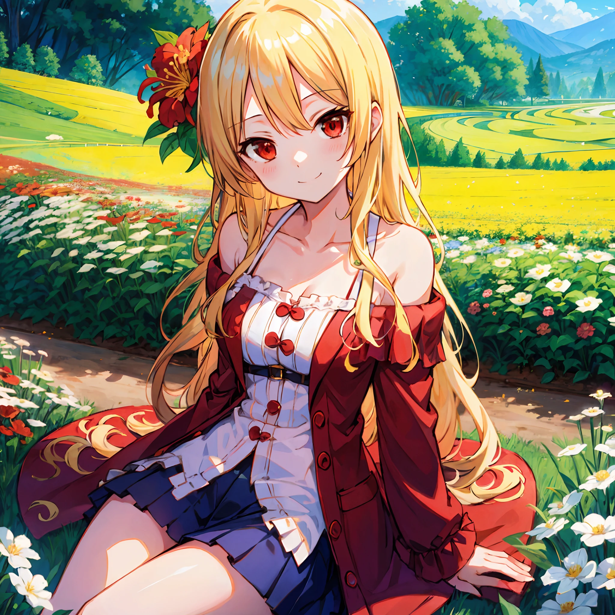Wavy blonde、red eyes、Beautiful girl alone、onepiece、off shoulders、a miniskirt、flower field、sitting on、a smile