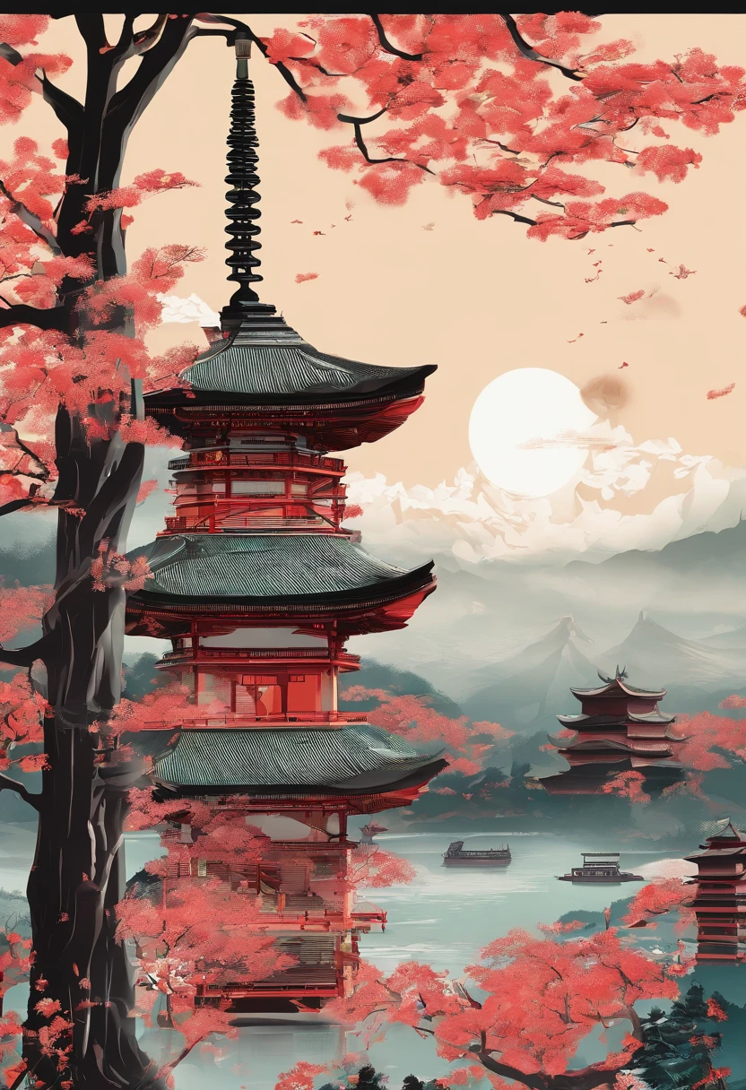 (Masterpiece), (Best quality), (best detail), (Distant general view), （The feeling of a poster），japanese temples，five-storied pagoda，waxy candles，darkly，Light，The shadow is the tower，（paper cut out）