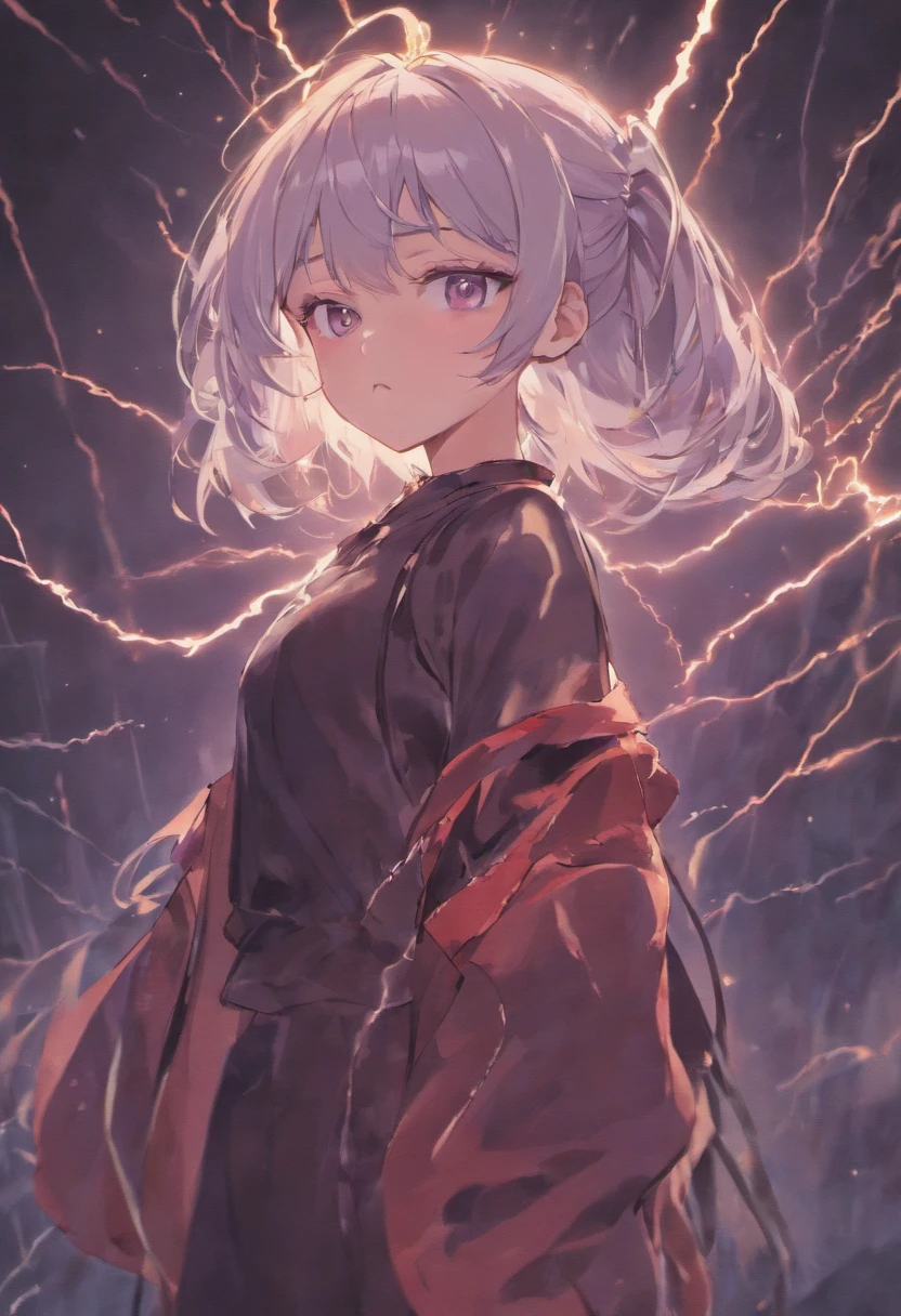 1990s anime art style girl with black ripped clothes and white hair with grey eyes and a lightning shape scar on her face. With 100% grain quality, no HD quality.
