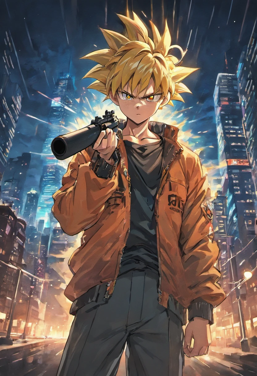 goku holding gun, city, night