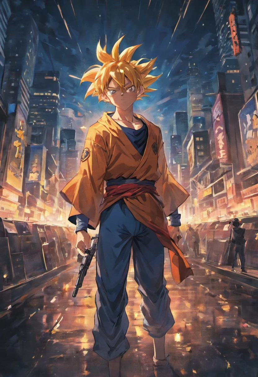 goku holding gun, city, night