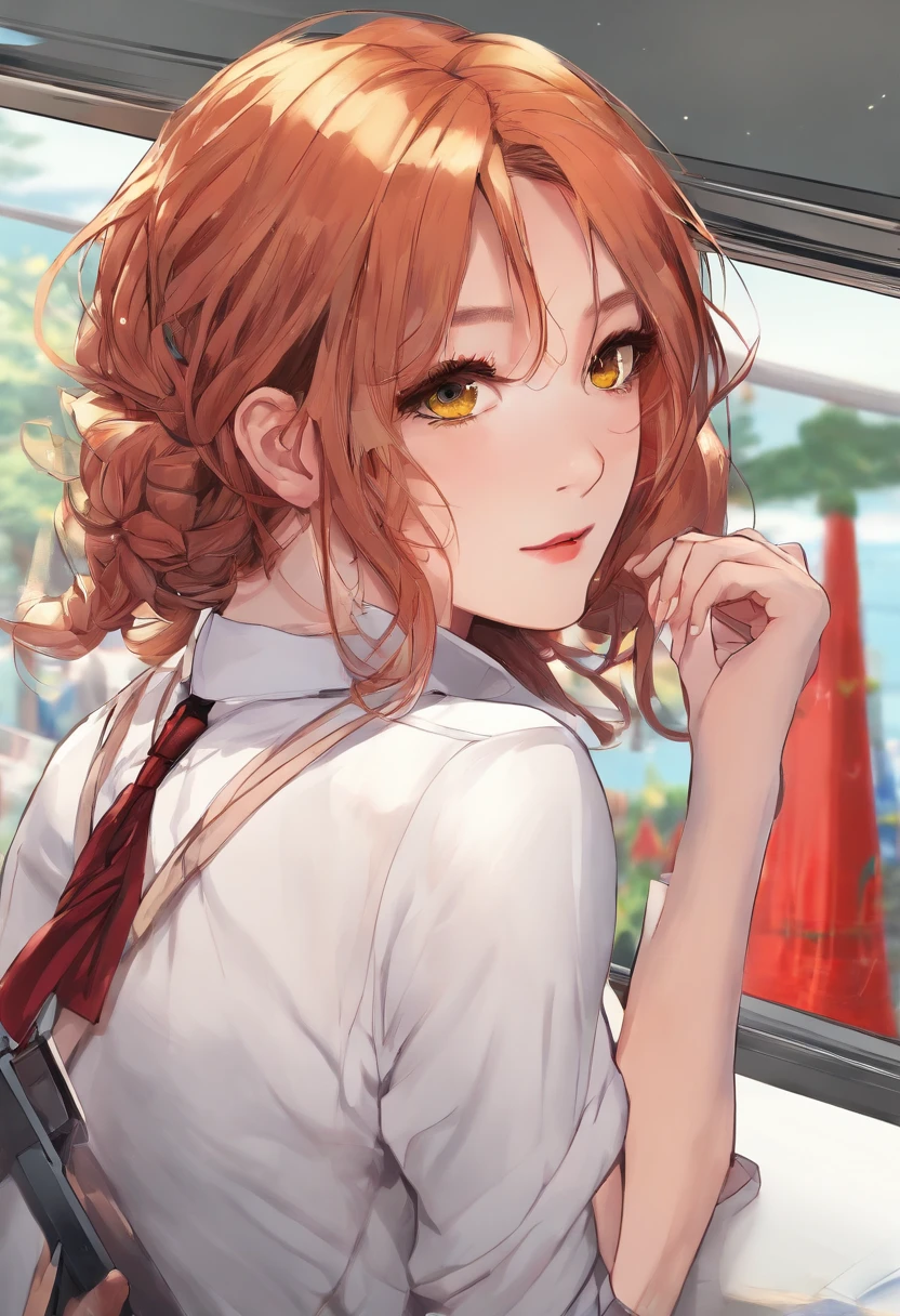 detailed shiny skin, (realistic, photo-realistic:1.4), a pretty girl, standing, looking out of window, white shirt, collared shirt, black necktie, black trousers, long sleeves, slight smile (nose blush), yellow eyes + ringed eyes, short hair + red hair + long braided hair, makima \(chainsaw man\)