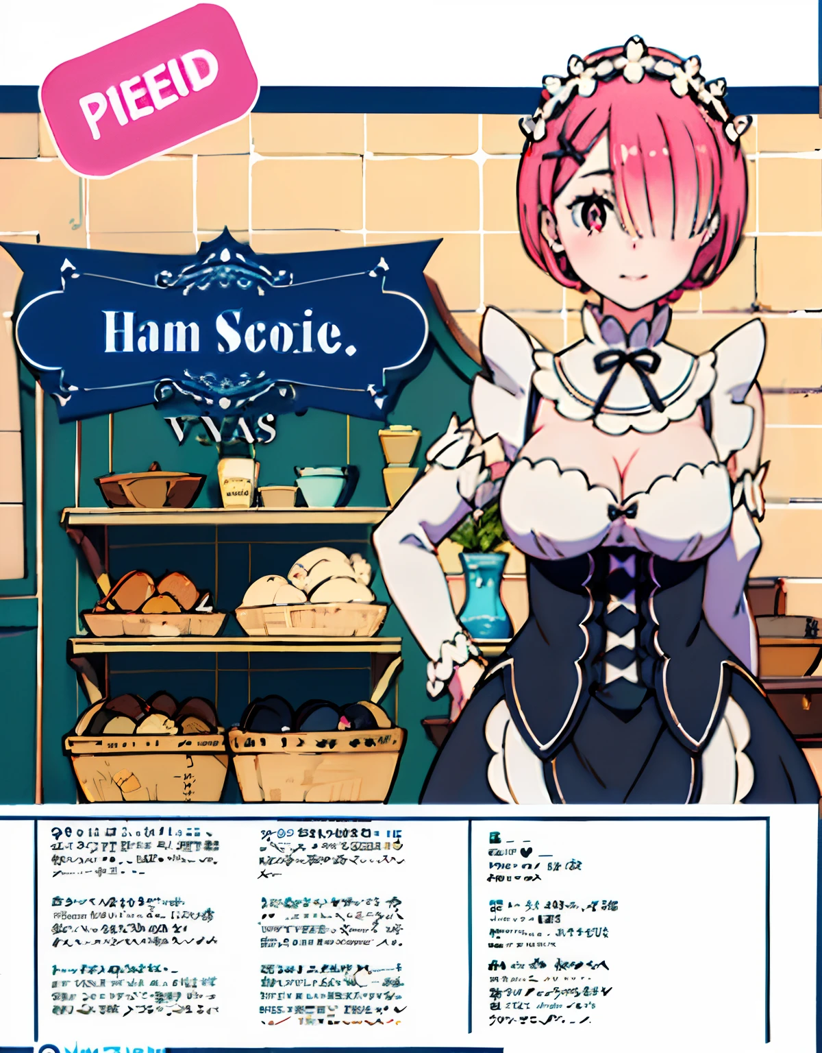 (Best Quality, Masterpiece),sexy mommy, Front cover of a women's cooking magazine, , naked, erotic, 18+, nsfw, 1girl, 30 years old, stunning, cute, heartwarming smile, hourglass figure, Maid costume, beautiful food, text, diagrams, advertisements, magazine title, RAM, short pink hair, pink detailed sparkling eyes, One strand of hair hangs down over his forehead.