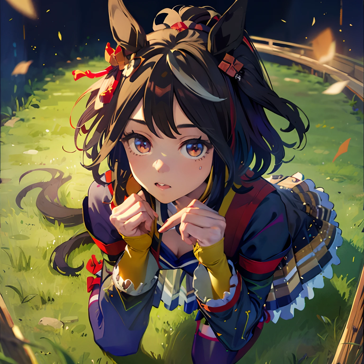 「masterpiece,top-quality,a closeup,Face Shots,kitasan black_(Umamusume), 1girl in,Animal ears ,Horse ears ,Horse Girl ,Horse tail,masutepiece, Best Quality,Hair Ribbon, Hair Ornament, Fingerless gloves, yellow gloves, Komono, Long sleeves, Wide sleeves, Detached sleeves, Bare shoulders, Clothes Cutout, cleavage cutout, Kohaku ship, Brown skirt, Pleated skirt, zettai ryouiki, black thighhighs, Sandals, red footwear, 」