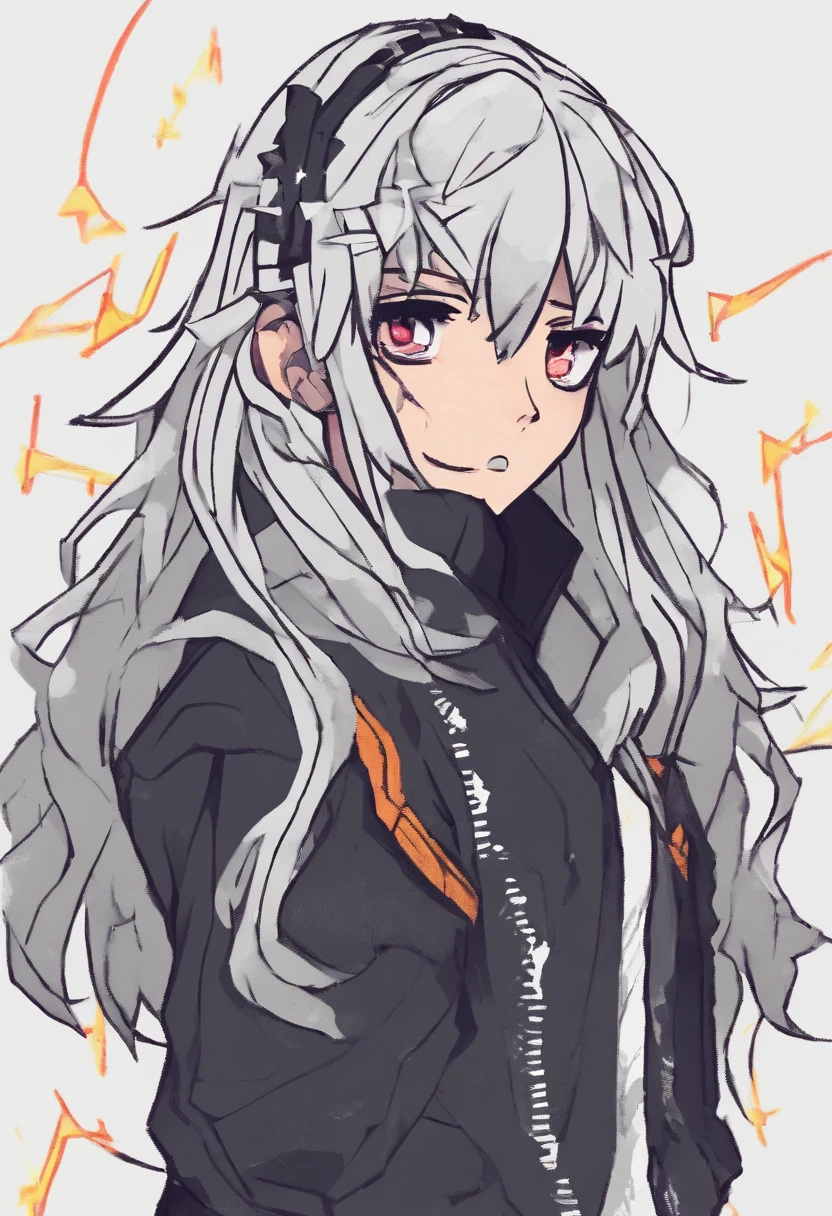 1990s anime art style girl with black ripped clothes and white hair with grey eyes and a lightning shape scar on her face. With 100% grain quality, no HD quality.