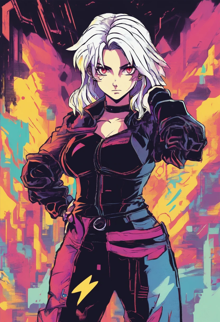 1990s anime art style girl with black ripped clothes and white hair with grey eyes and a lightning shape scar on her face. With 100% grain quality, no HD quality.