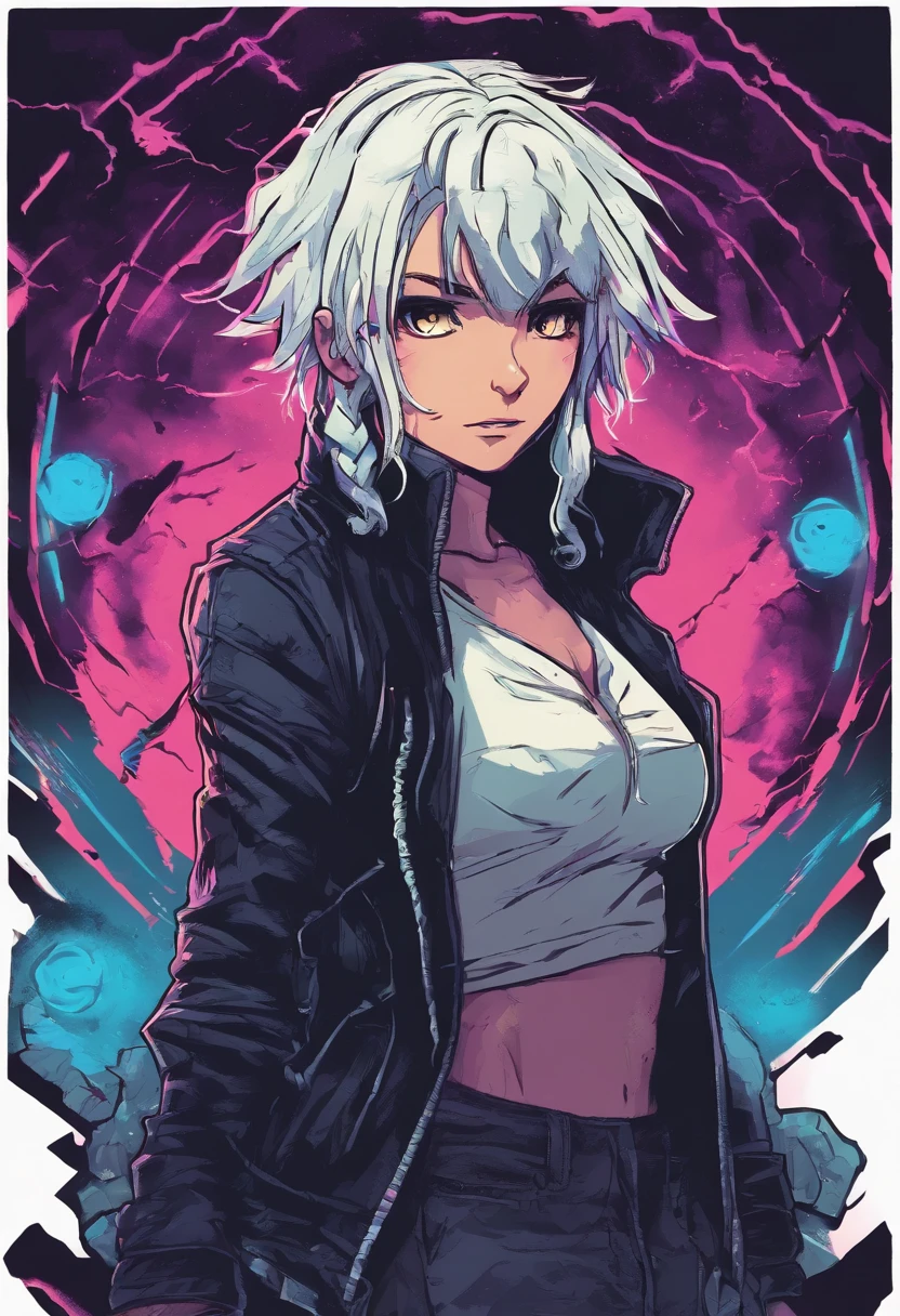 1990s anime art style girl with black ripped clothes and white hair with grey eyes and a lightning shape scar on her face. With 100% grain quality, no HD quality.