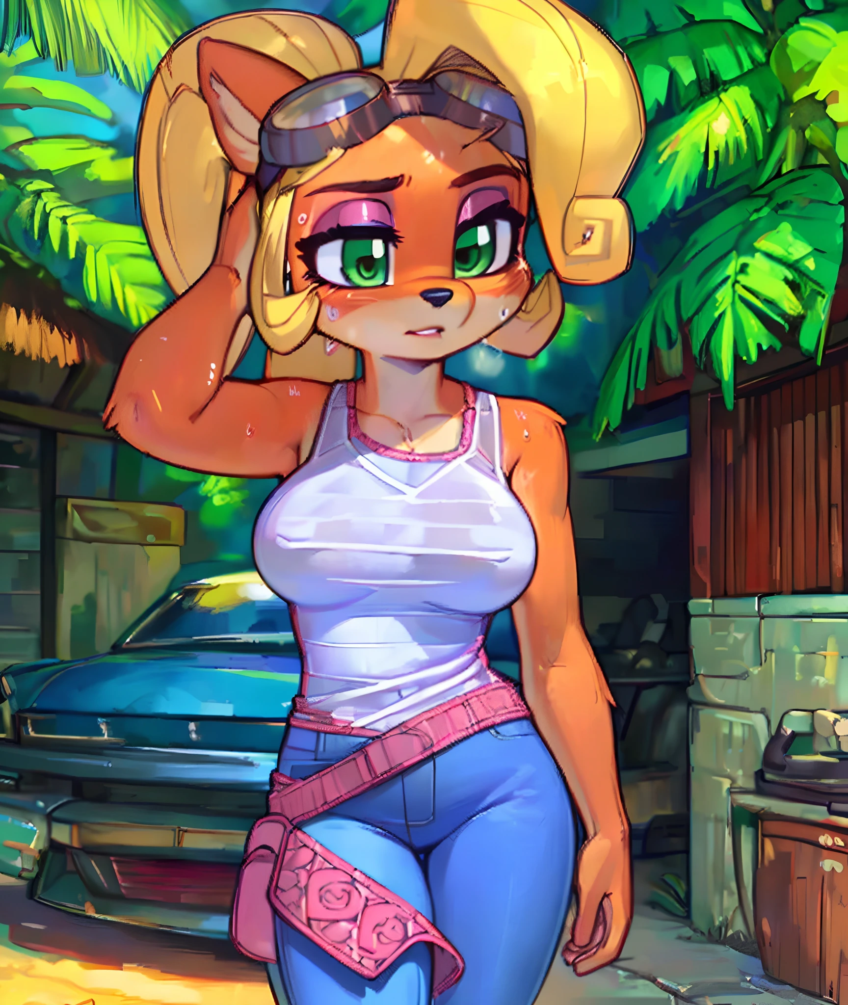 [Coco bandicoot], [Uploaded to e621.net; (Pixelsketcher), (wamudraws)], ((masterpiece)), ((high quality)), ((HD)), ((solo portrait)), ((full body)), ((front view)), ((furry; anthro)), ((detailed fur)), ((detailed shading)), ((beautiful render art)), ((front view)), ((shoes visible)), ((intricate details)), {anthro; orange fur, black nose, (cute half-closed green eyes), (pink eyeshadow), (expressionless), (sweating), blonde curly hair, curly ponytail}, {(white tank top pink lining), (small boobs), (nipple outline), (tight jeans), (pink sneakers), (goggles on head)}, {(standing), (hand at head), (looking ahead)}, [background; (tropical forest), (garage), (sun rays), (pink laptop)]