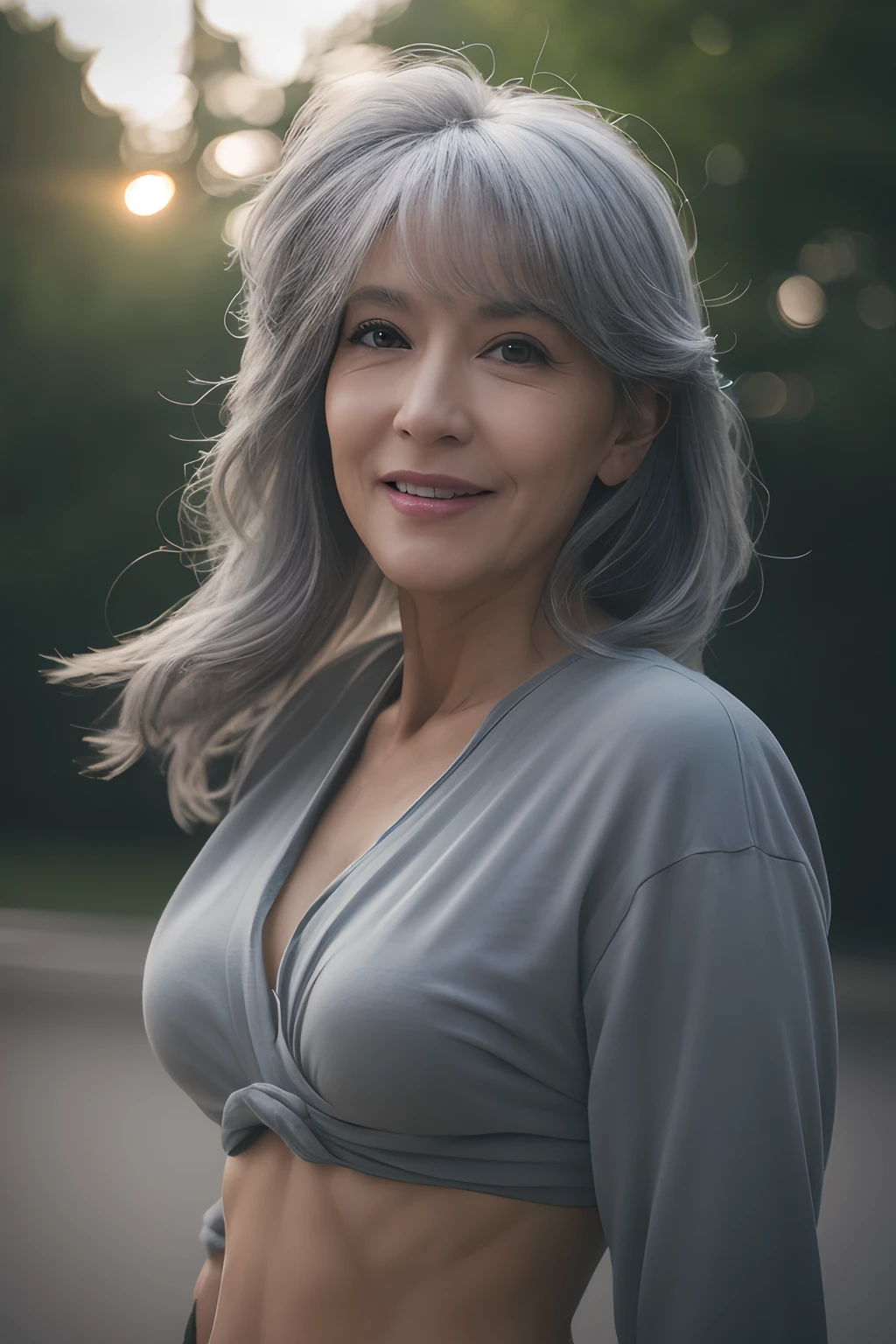 ((Realistic lighting,Cinematic lighting effects, best qualtiy, 8K, tmasterpiece:1.3)), ((50-year-old woman,8-pack abs)),sharp fokus:1.2, , Perfect figure,looks into camera,The face is delicate,((Gray hair)),(Leaky belly long-sleeved casual clothes),big laughter,the night,playground,Ultra-fine face,Fine eyes,二重まぶた