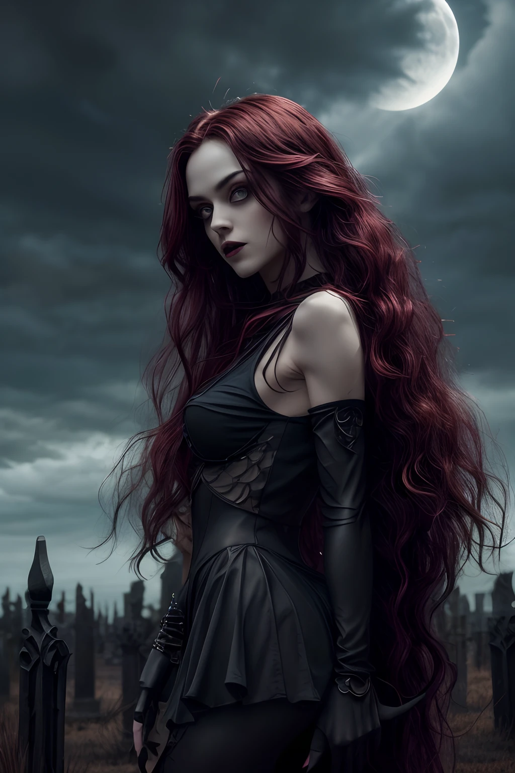 rim lighting, (upper body portrait:1.2), gorgeous cute skinny very pale woman,red long hair waving in the wind, pale eyes, goth girl, goth clothes, colourless eyes, eye makeup, perfect symmetrical face, (tiny breasts), dynamic pose, looking into the camera, graveyard, (dark sky background), moonlit night, raw colour photo, perfectly photo realistic, incredibly detailed, 8k, UHD, 50mm photography, sfw