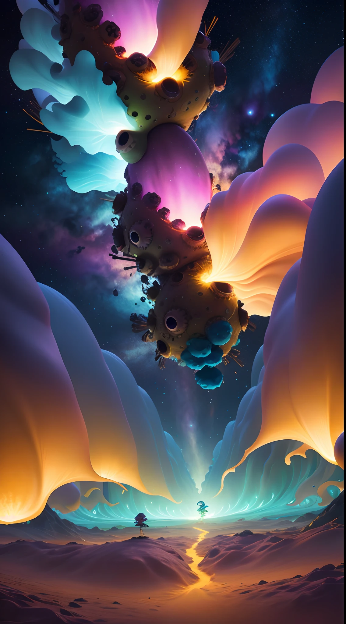 SpongeBob eats marshmallows, Pixar style, gloomy, negative, twisted, strange, big-eyed , dancing in the air with monster minions, extremely detailed, high resolution, best quality, color realistic, vivid), 8 minions dancing in the air, gathering with friends, sitting in a classic char, admiring the scenery , extraterrestrial creatures, photography, on terrain, nebula sky, ((best silhouette)), best quality