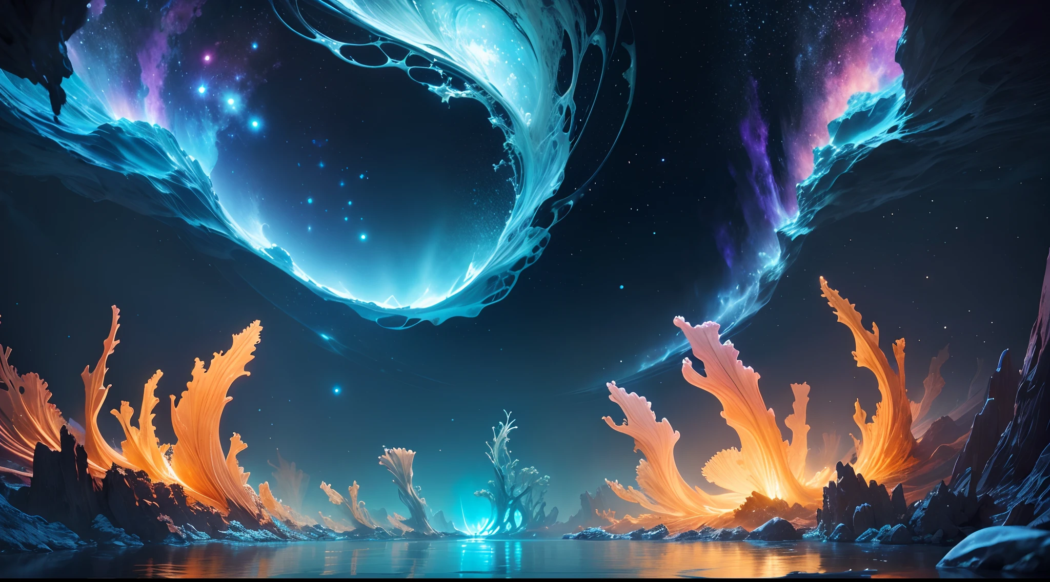In a galaxy, underwater, in space, a mesmerizing scene unfolds. The main focus of the artwork is a surreal underwater landscape within the vastness of the cosmos. The scene is alive with vibrant colors, vividly depicting the interplay between water and celestial elements. The medium used is a mix of digital painting and 3D rendering, creating a mesmerizing blend of realism and fantastical elements.
The underwater world is teeming with diverse and fascinating marine life. Schools of exotic fish swim gracefully, their scales reflecting the cosmic hues of the surrounding galaxies. Luminous corals and vibrant seaweed create a stunning tapestry of colors, illuminating the deep ocean floor. A delicate balance exists between earthly marine life and the vastness of the cosmos.
The stars above sparkle like diamonds, casting a surreal glow upon the underwater realm. Nebulas and galaxies paint the dark canvas of space, adding a touch of otherworldly beauty to the scene. The lighting is ethereal, accentuating the dreamlike quality of the artwork.
The image quality is of the highest standard, with intricate details that showcase the skill and precision of the artist. The artwork is rendered in ultra-high resolution, allowing viewers to immerse themselves in the mesmerizing depths of the cosmic underwater world. The colors are vibrant and vivid, invoking a sense of wonder and awe in the observer.
With its blend of surrealism and realism, this artwork combines the beauty of both the earthly and celestial realms. It captures the imagination, evoking a sense of wonder and enchantment in those who behold it.